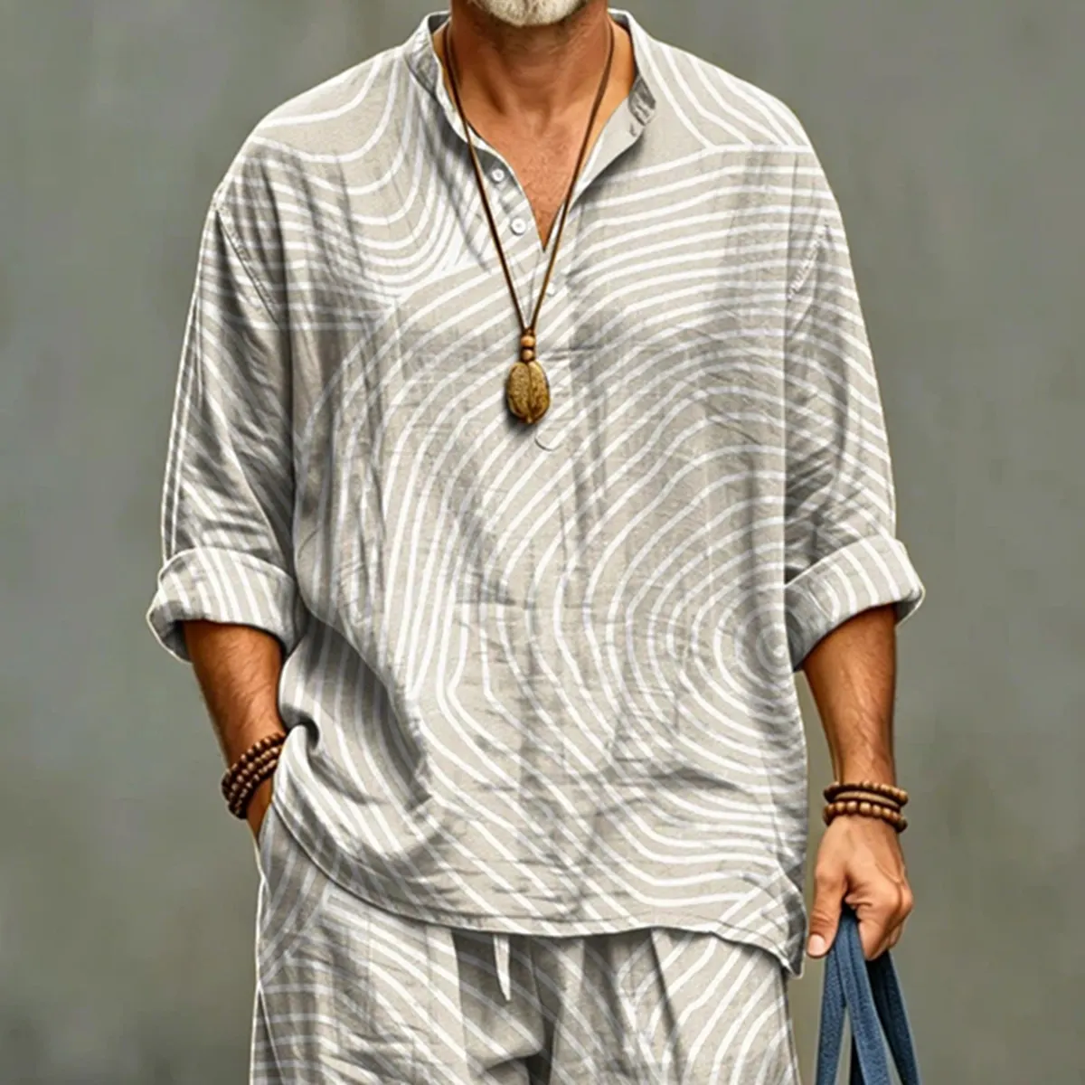 Men's Stripe Art Print Shirt And Pants Two Piece Set