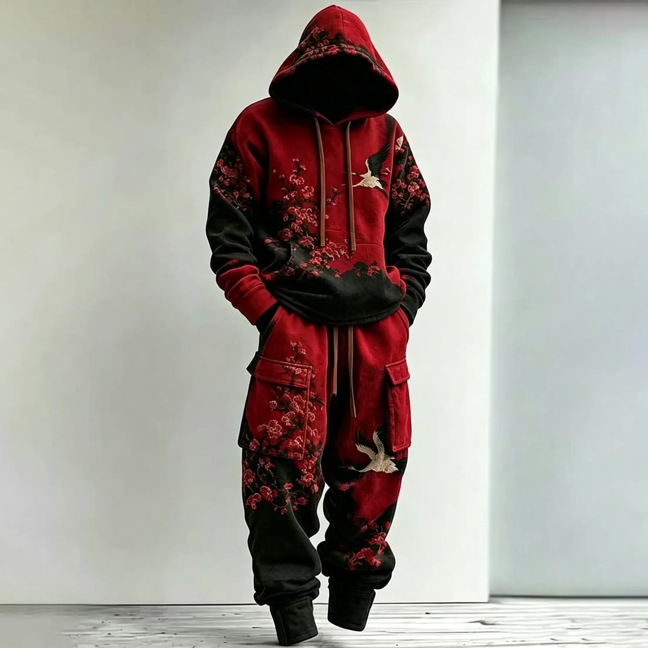 Men's Retro Japanese Art Color Block Floral Crane Print Hoodie And Cargo Pants Two-piece Set