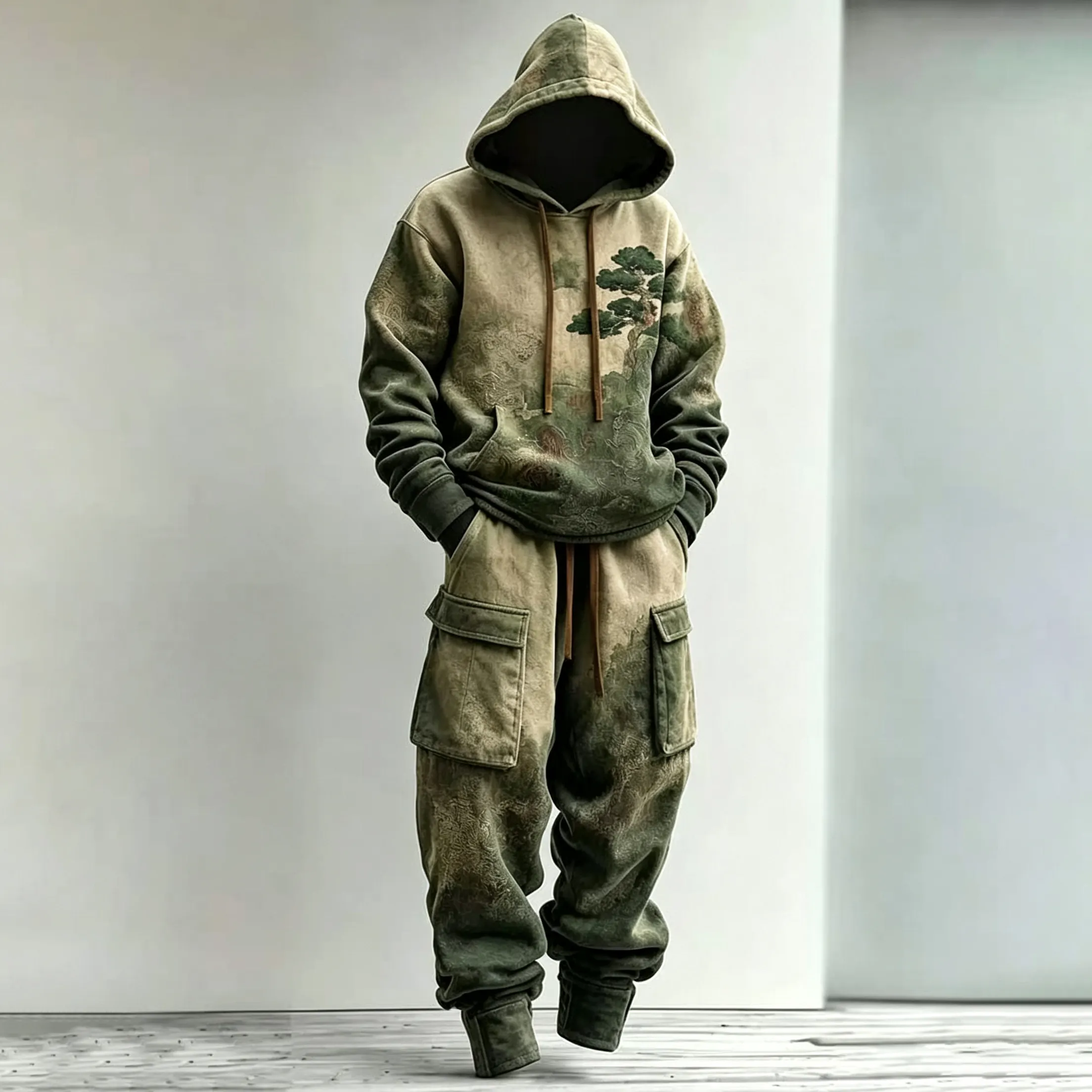 Men's Retro Japanese Art Pine Tree And Landscape Print Hoodie And Cargo Pants Two-piece Set