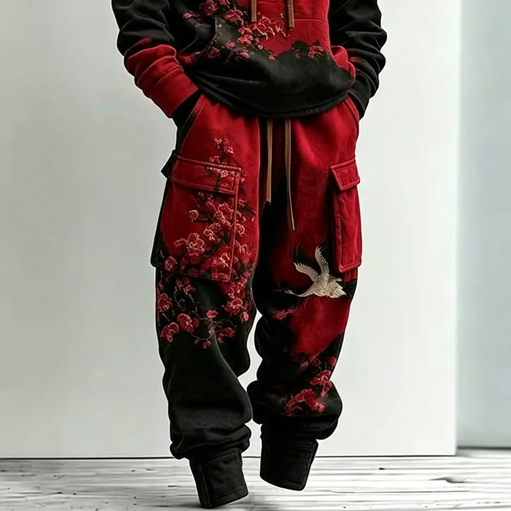 Men's Retro Japanese Art Color Block Floral Crane Print Hoodie And Cargo Pants Two-piece Set