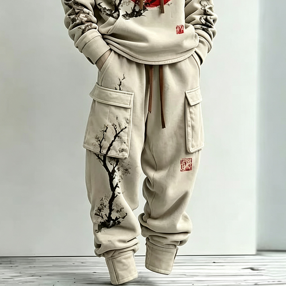 Men's Retro Japanese Art Floral Print Hoodie And Cargo Pants Two-piece Set