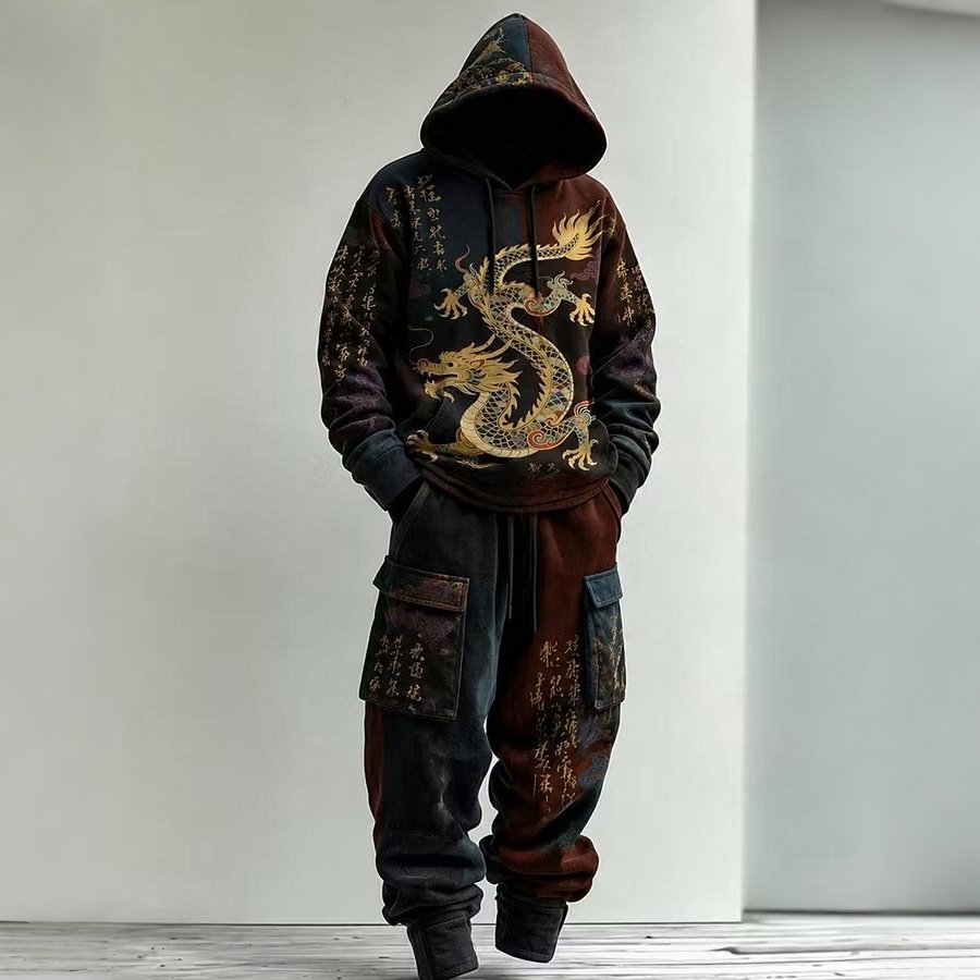 Men's Vintage Japanese Calligraphy Dragon Art Print Hoodie Two Piece Set