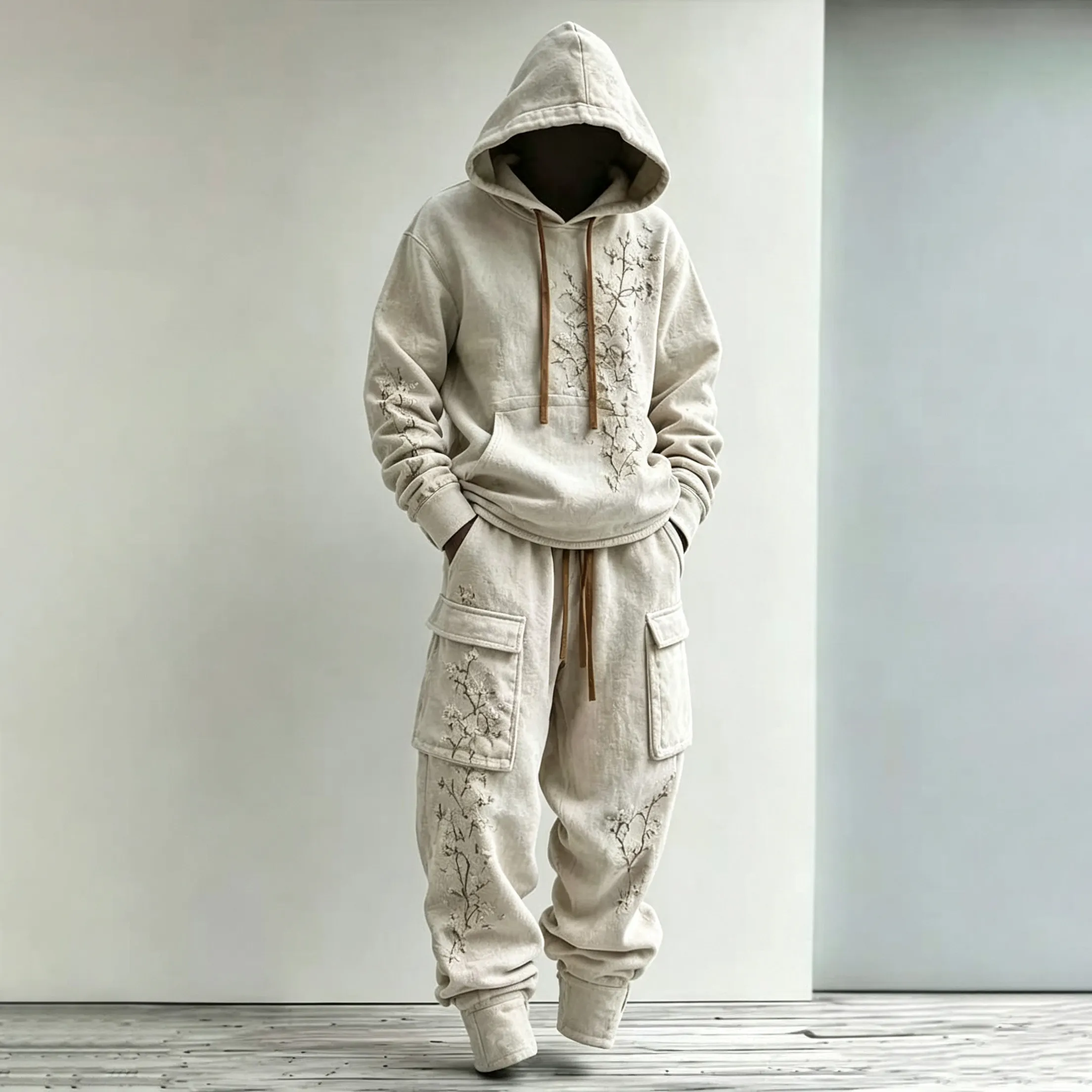 Men's Retro Japanese Art Floral Print Hoodie Two-piece Set