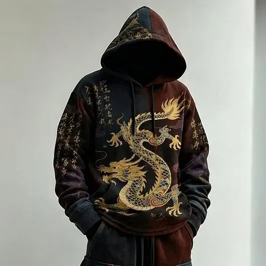 Men's Vintage Japanese Calligraphy Dragon Art Print Hoodie Two Piece Set