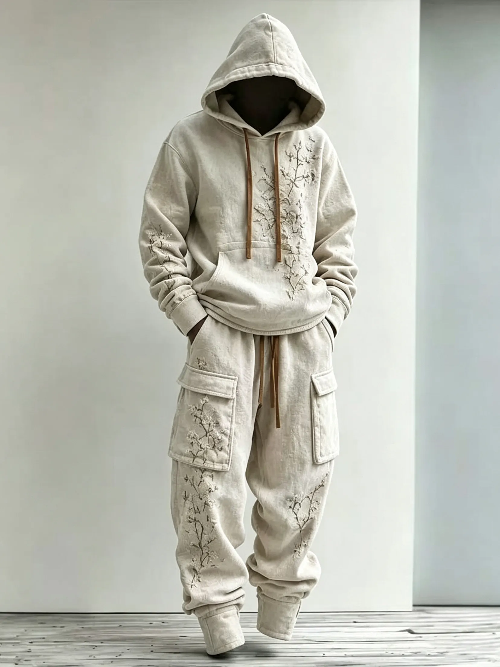 Men's Retro Japanese Art Floral Print Hoodie Two-piece Set