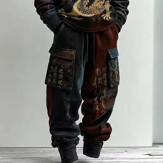 Men's Vintage Japanese Calligraphy Dragon Art Print Hoodie Two Piece Set
