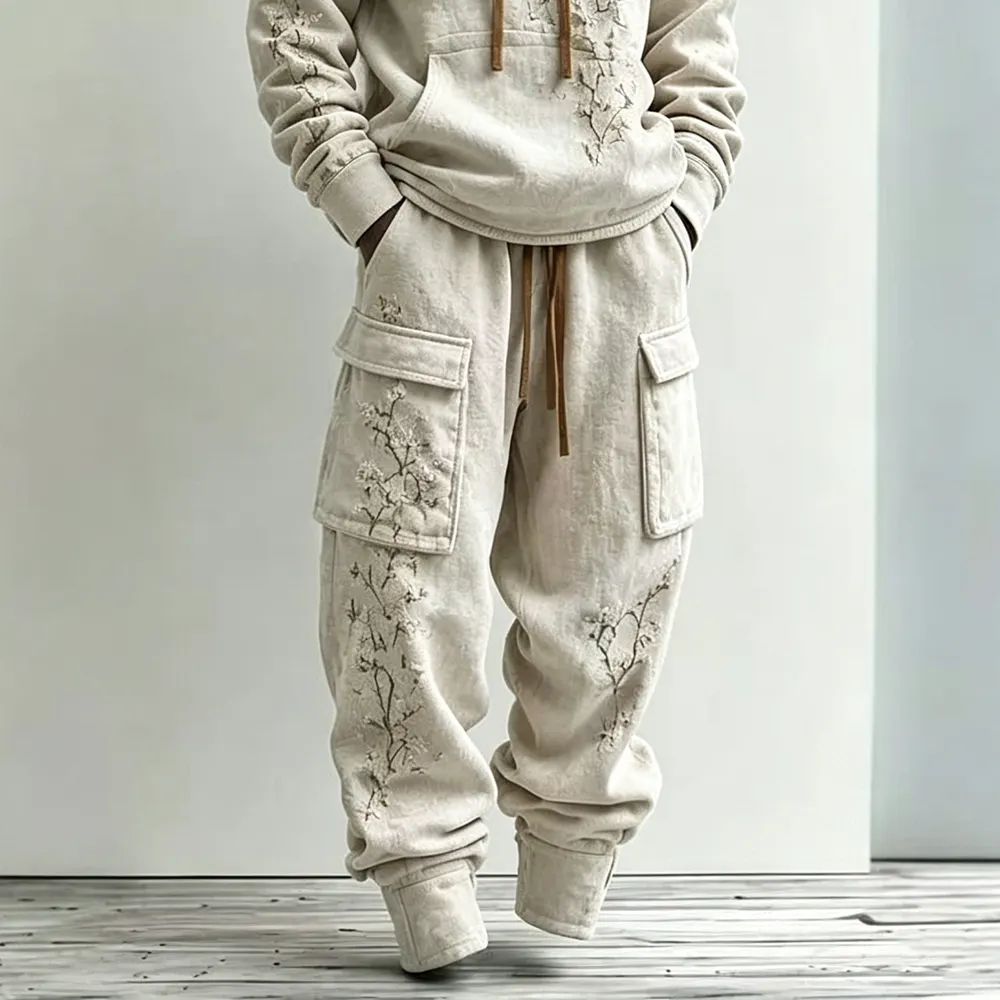 Men's Retro Japanese Art Floral Print Hoodie Two-piece Set