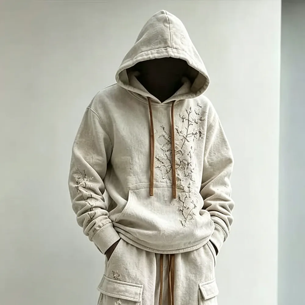 Men's Retro Japanese Art Floral Print Hoodie Two-piece Set