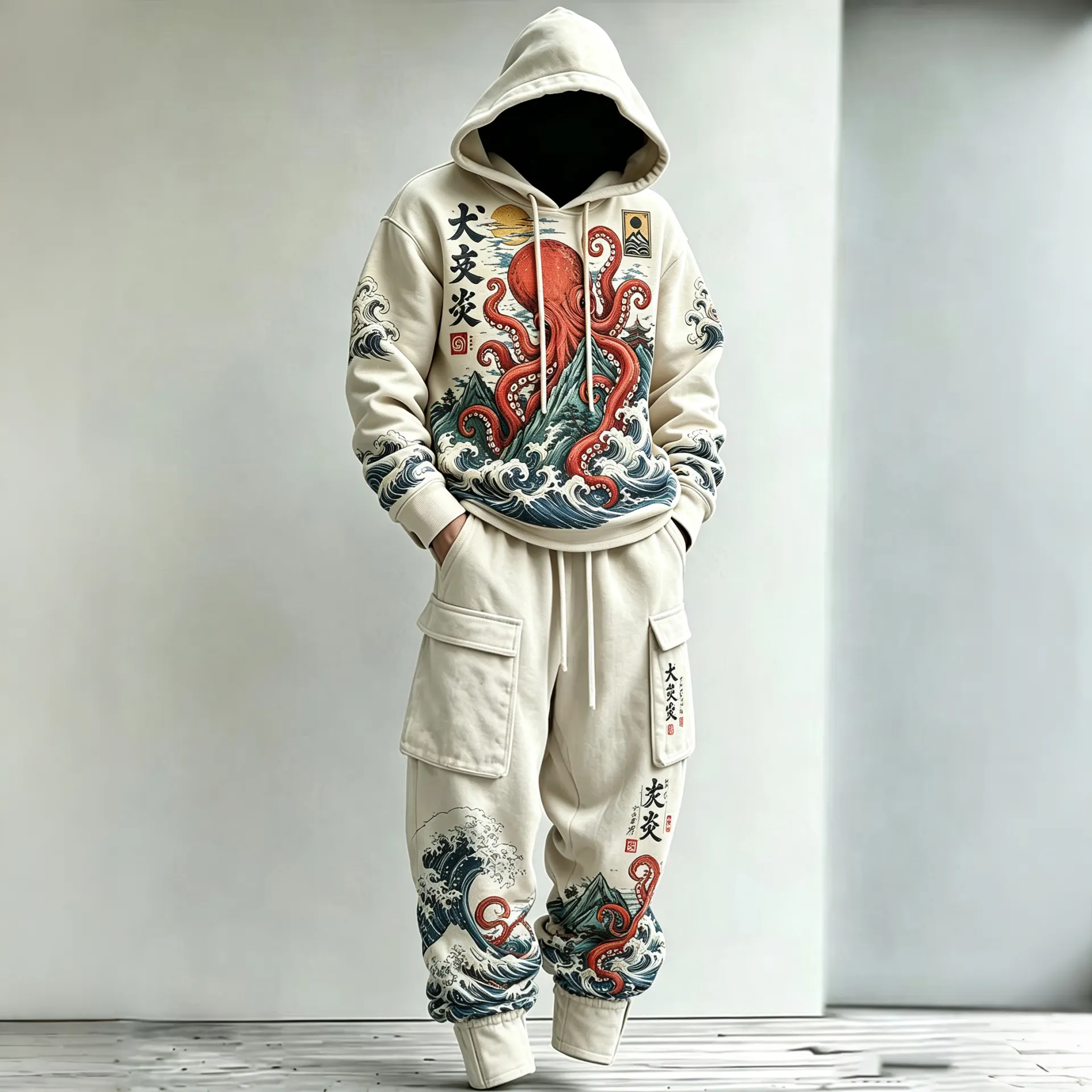 Men's Vintage Japanese Octopus And Wave Art Print Hoodie Two Piece Set