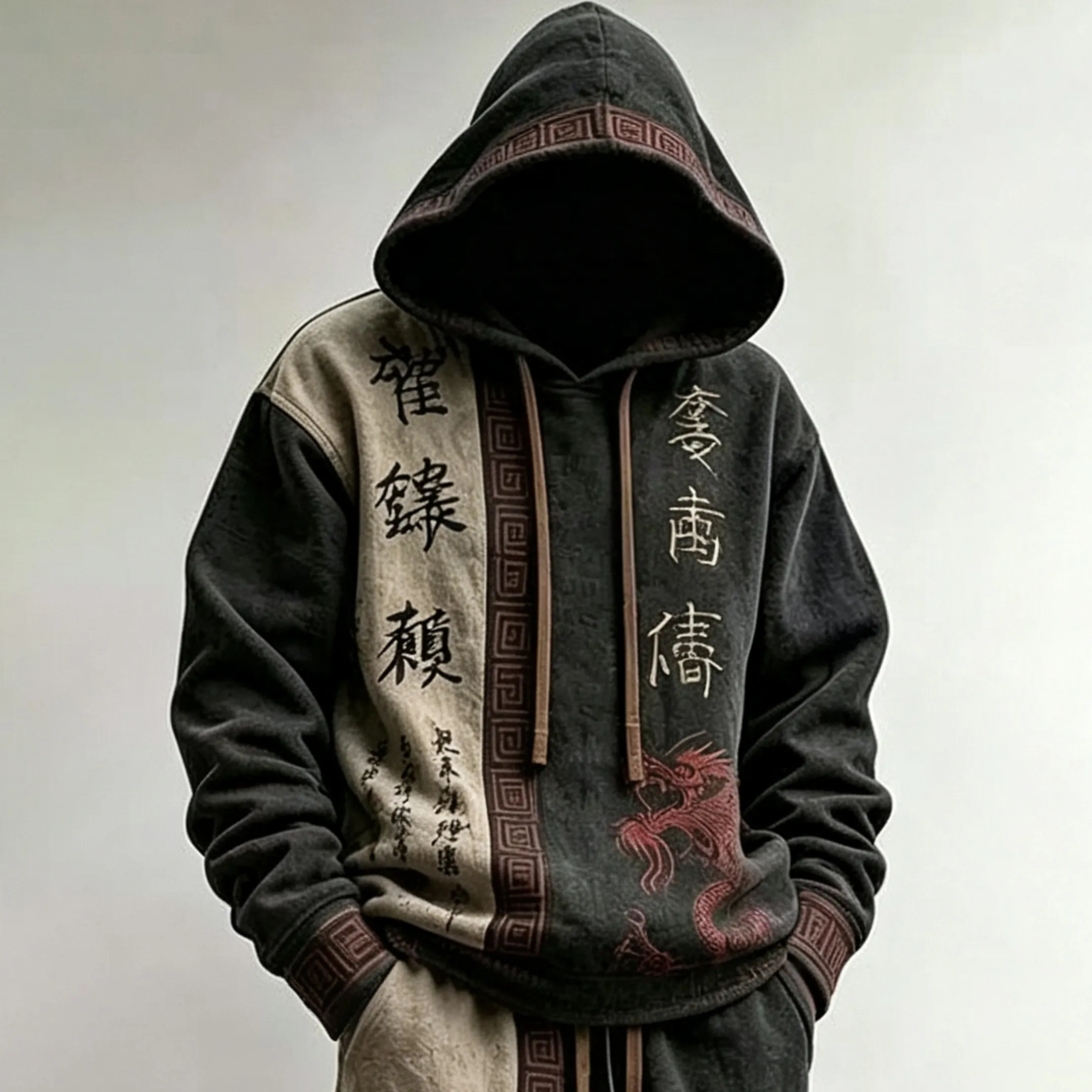 Men's Retro Japanese Calligraphy And Dragon Art Pattern Comfortable Warm Sports Two-piece Set