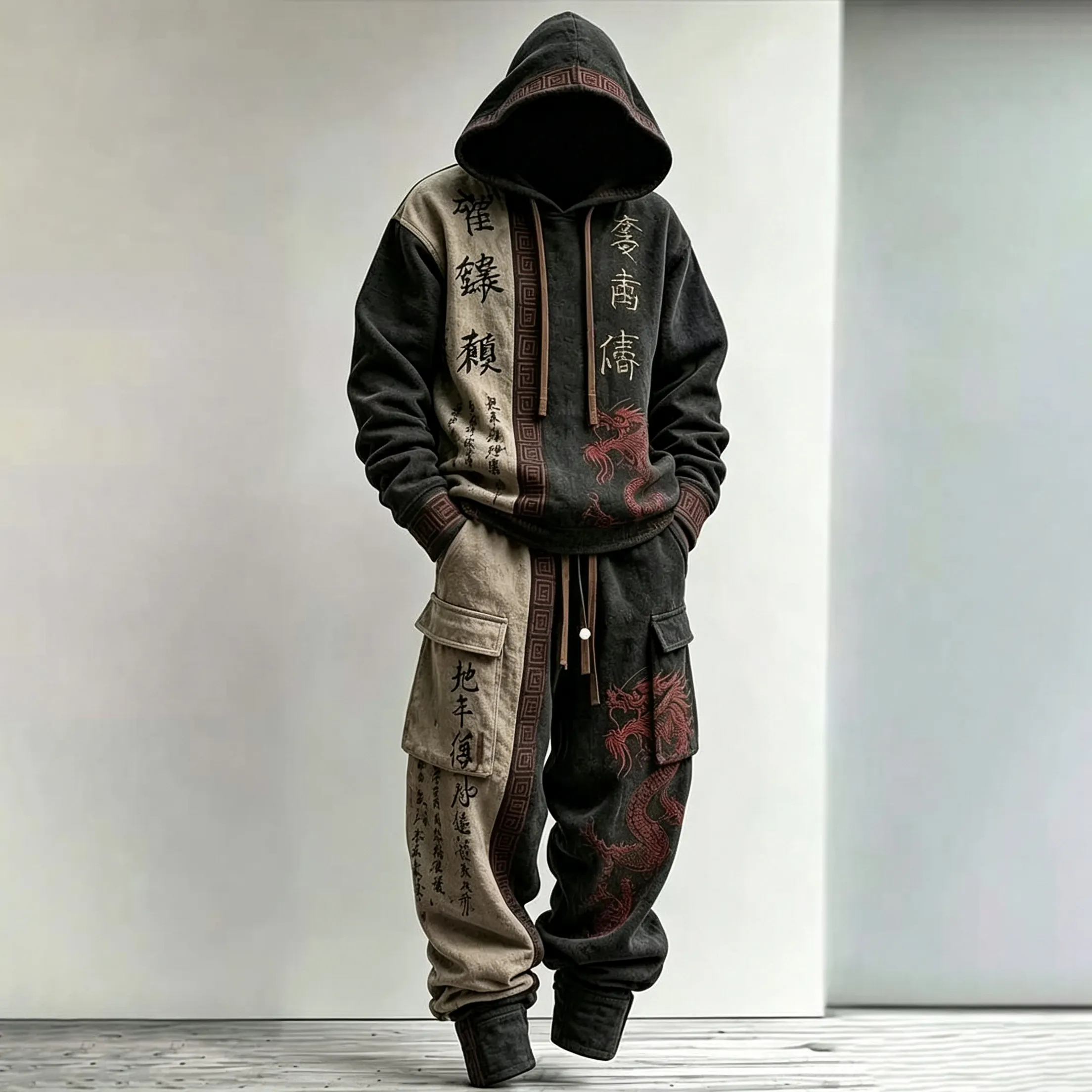 Men's Retro Japanese Calligraphy And Dragon Art Pattern Comfortable Warm Sports Two-piece Set