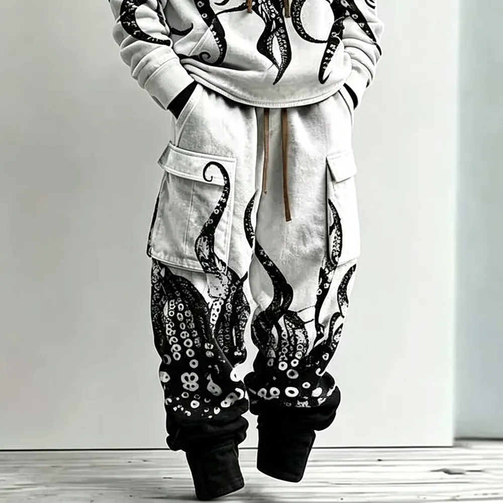 Men's Retro Color Block Octopus Print Hoodie Two-piece Set