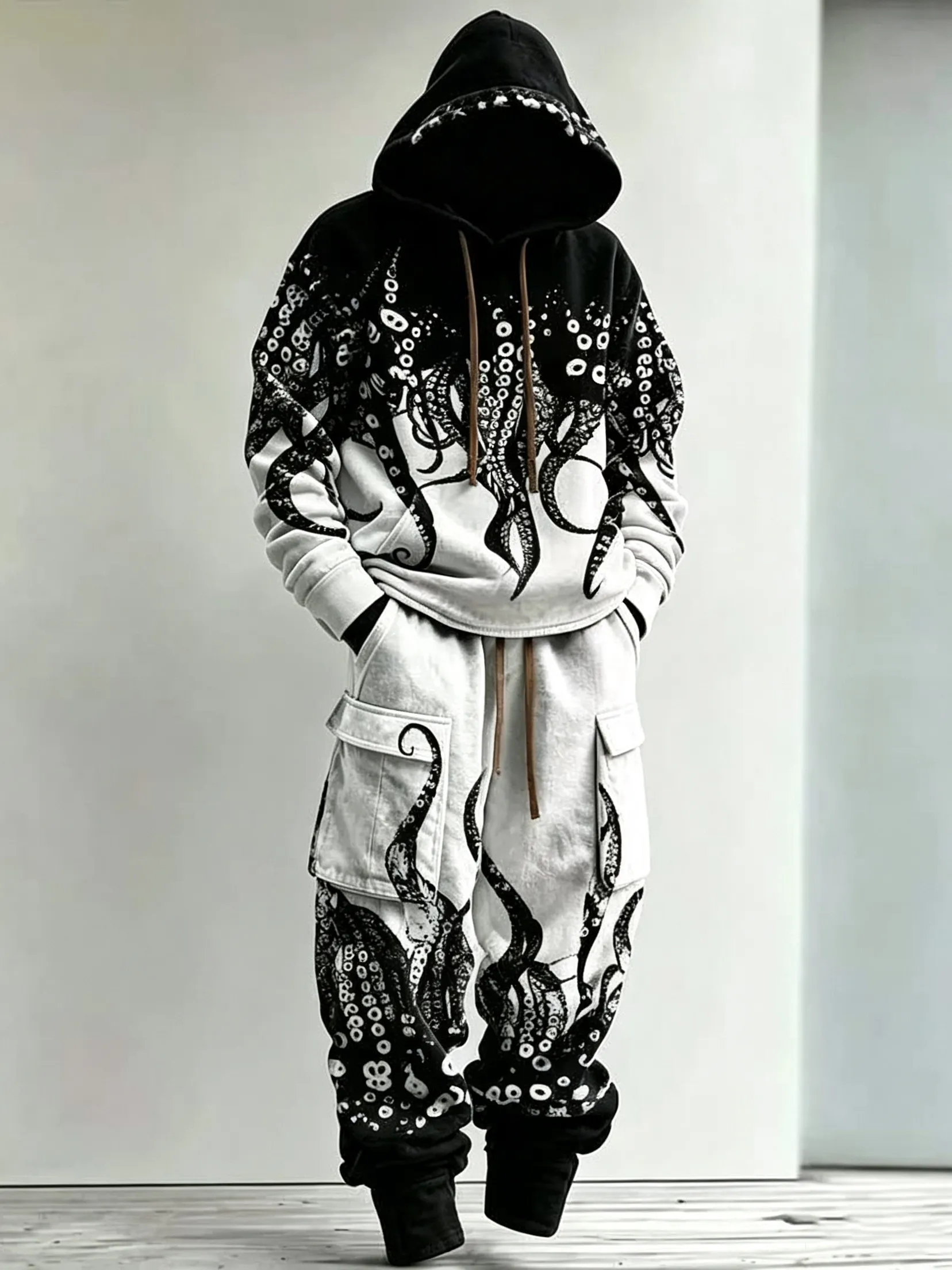 Men's Retro Color Block Octopus Print Hoodie Two-piece Set