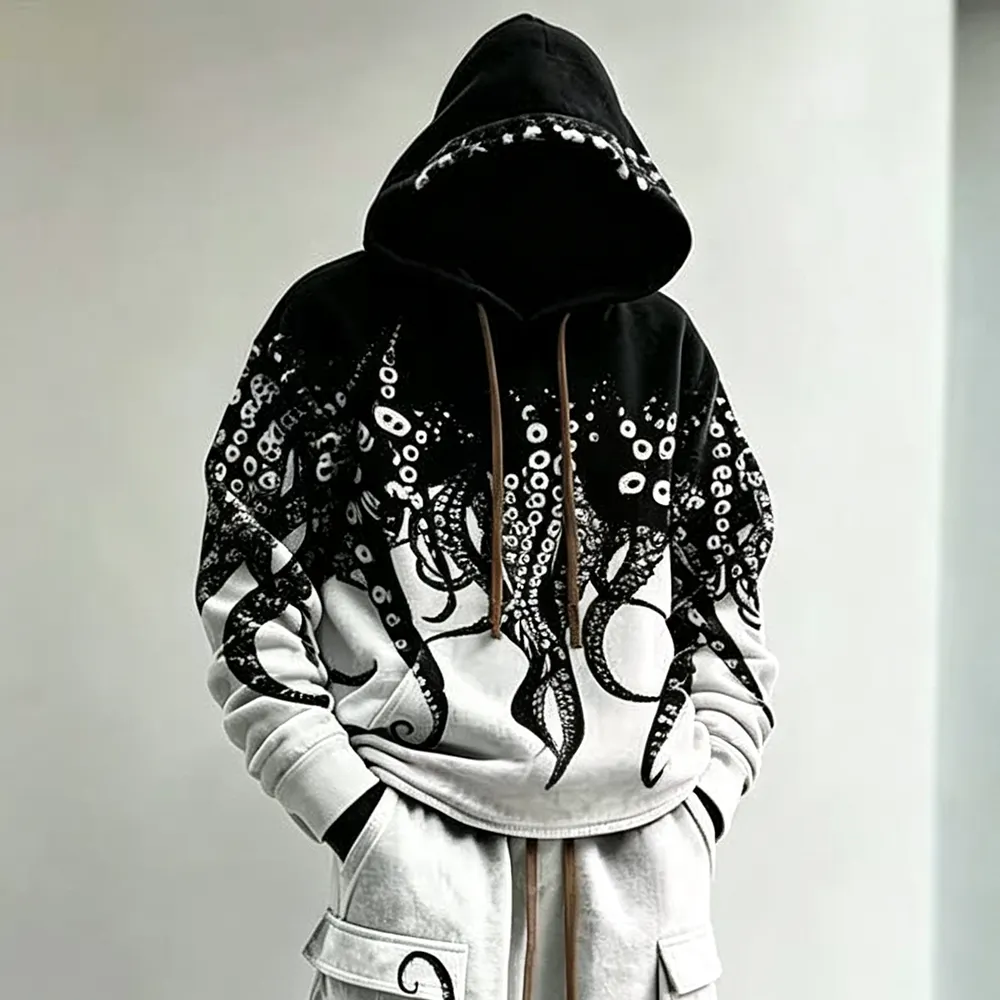 Men's Retro Color Block Octopus Print Hoodie Two-piece Set
