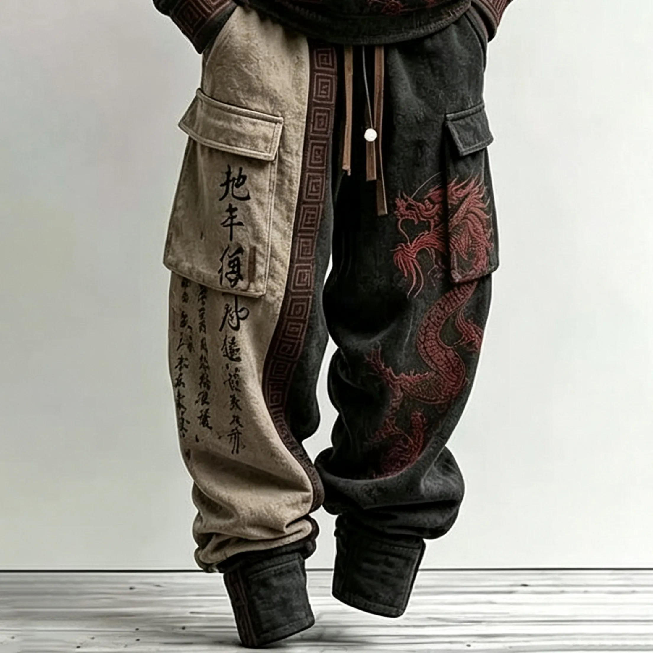 Men's Retro Japanese Calligraphy And Dragon Art Pattern Comfortable Warm Sports Two-piece Set