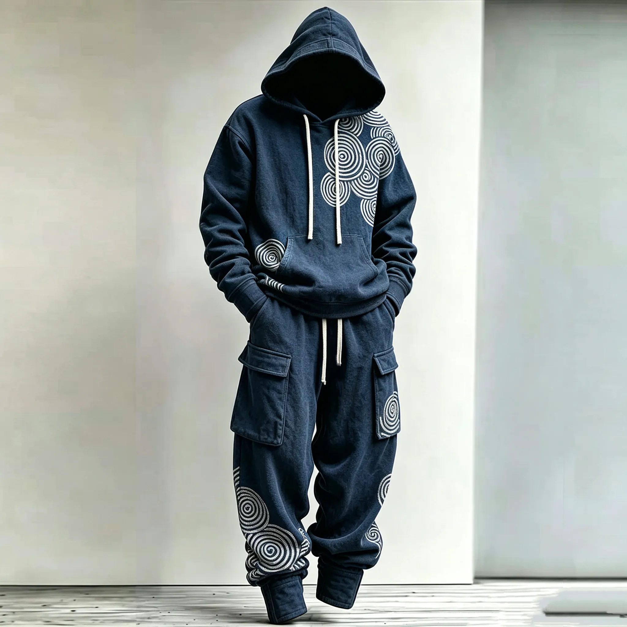 Men's Japanese-style Wave And Spiral Art Pattern Casual Warm Sports Two-piece Set