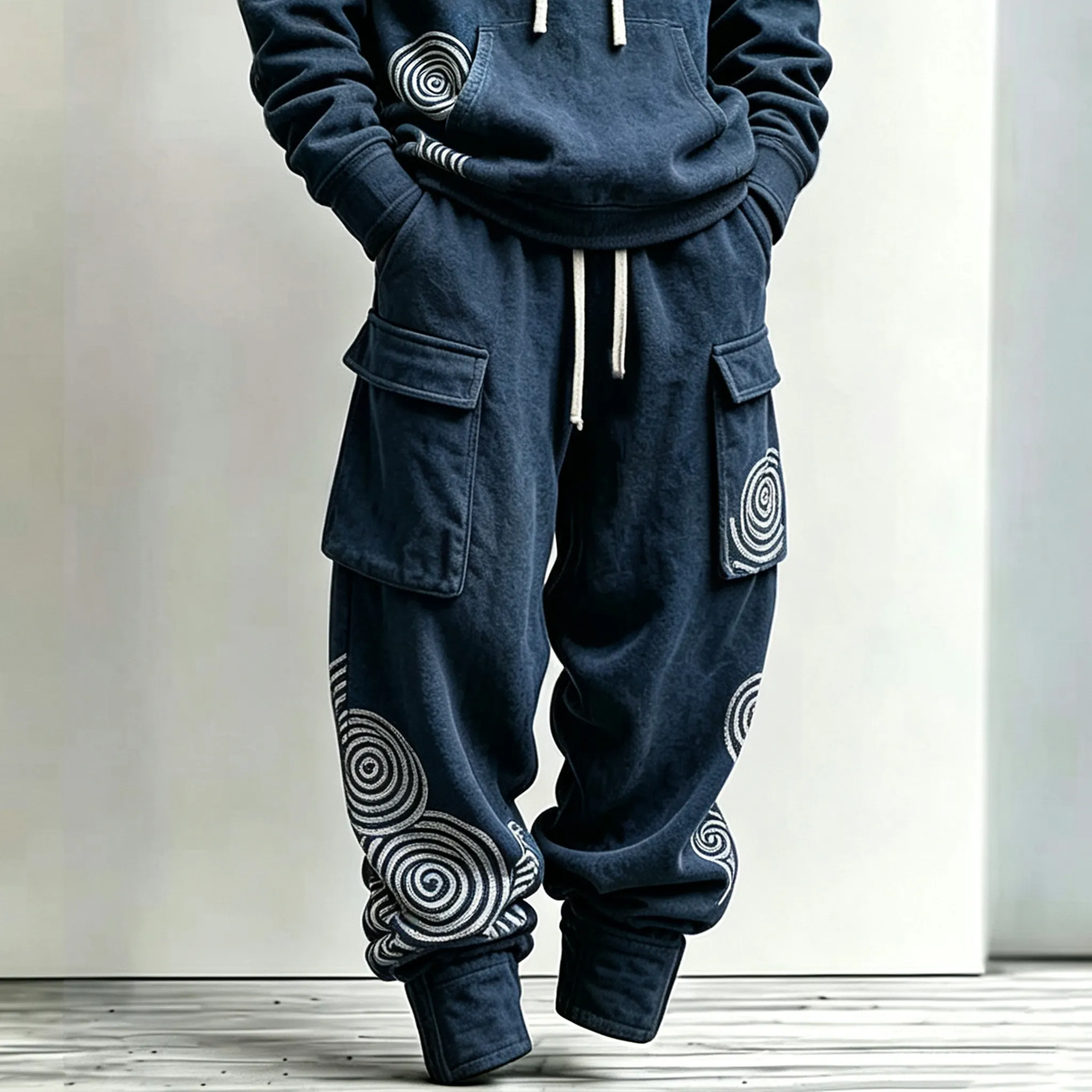 Men's Japanese-style Wave And Spiral Art Pattern Casual Warm Sports Two-piece Set