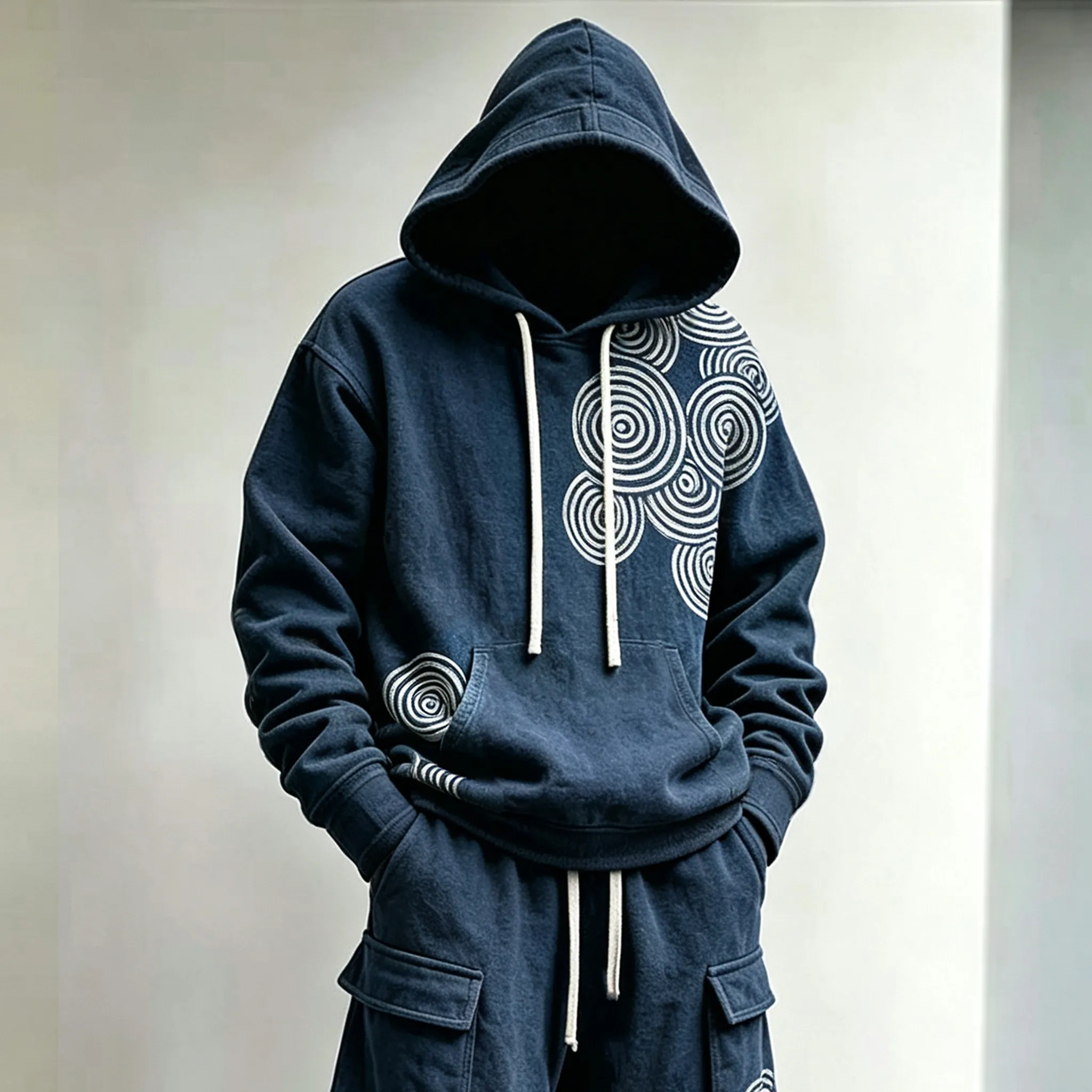 Men's Japanese-style Wave And Spiral Art Pattern Casual Warm Sports Two-piece Set