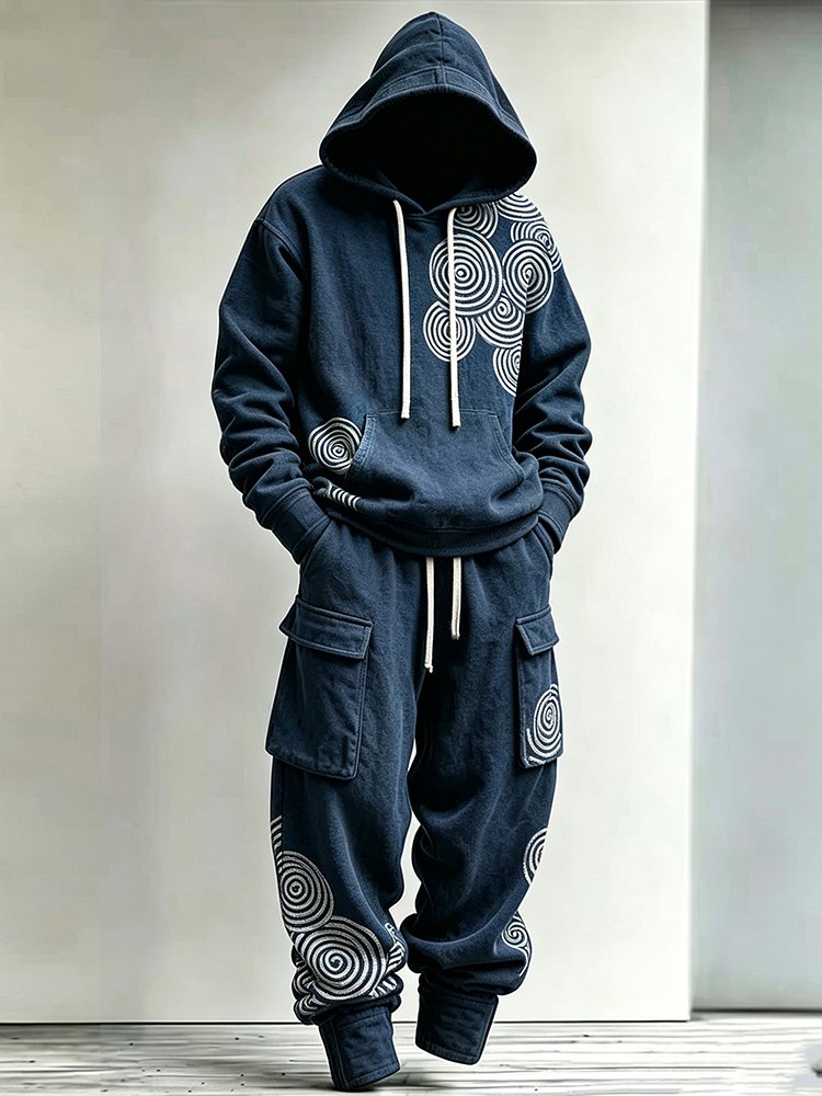 Men's Japanese-style Wave And Spiral Art Pattern Casual Warm Sports Two-piece Set