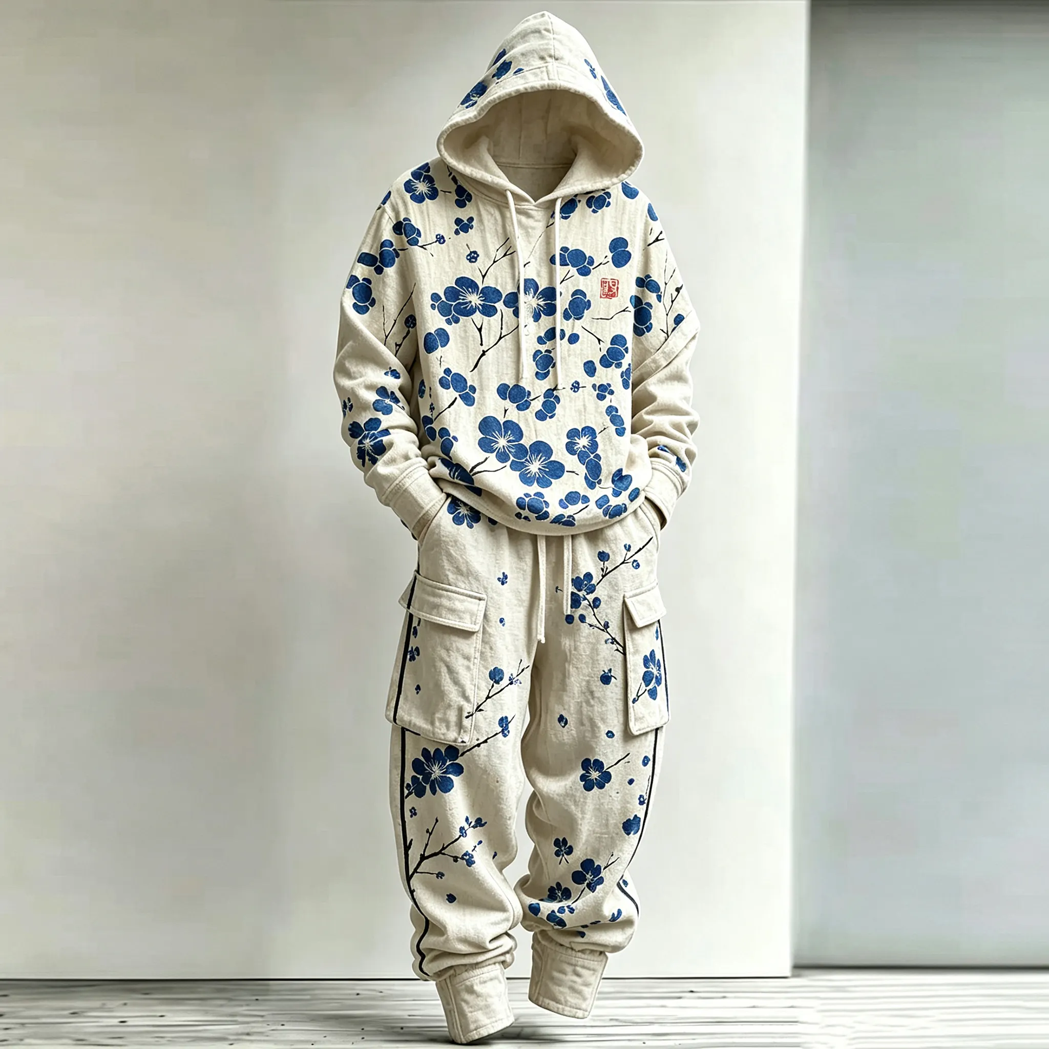 Men's Retro Japanese Cherry Blossom Art Pattern Casual Warm Sports Two-piece Set