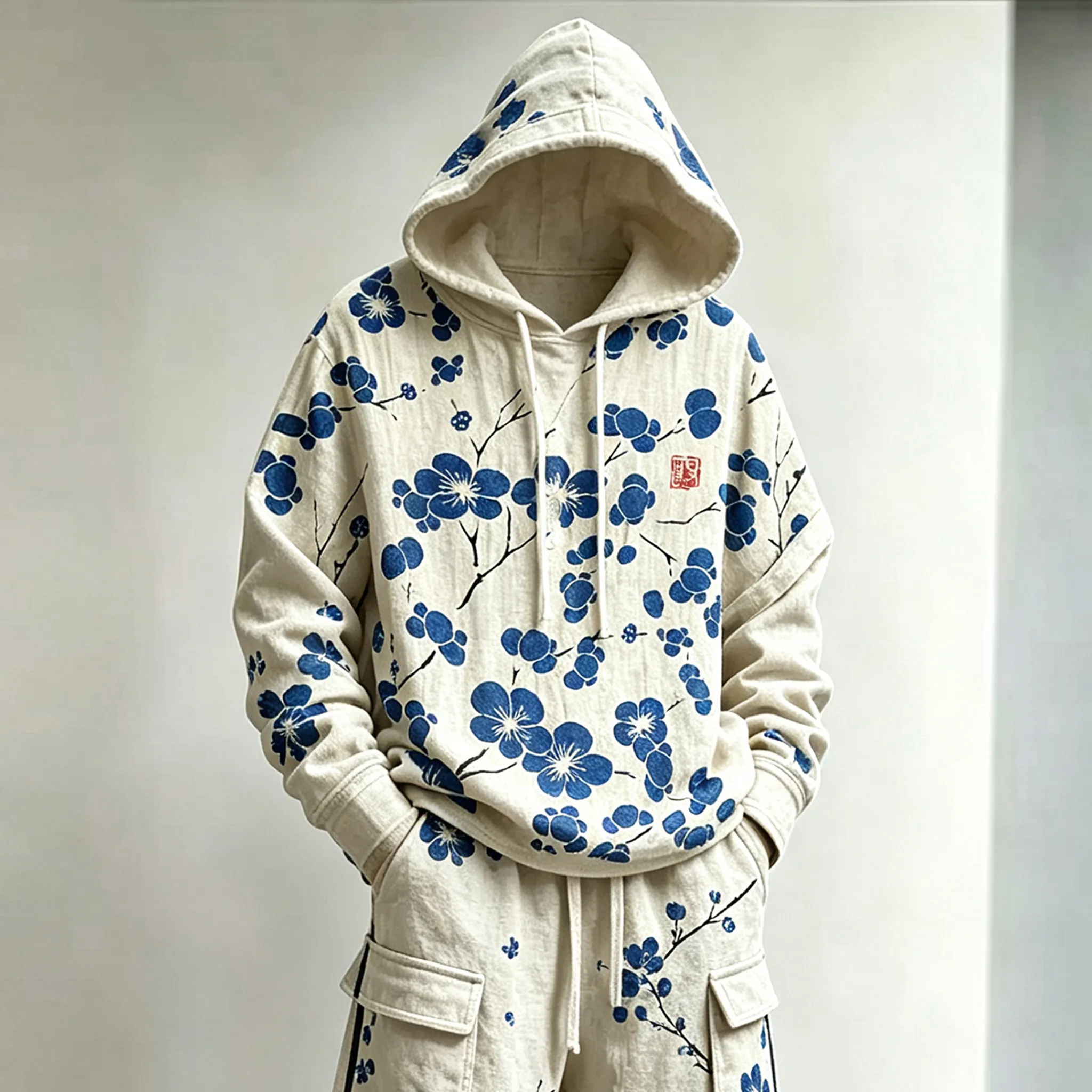 Men's Retro Japanese Cherry Blossom Art Pattern Casual Warm Sports Two-piece Set