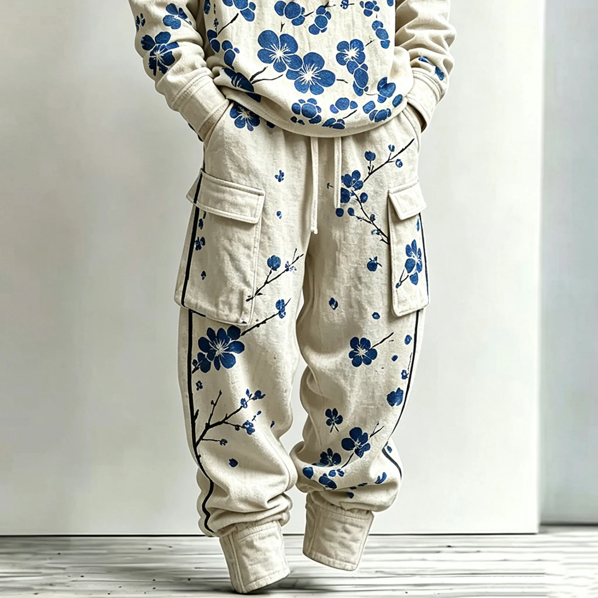 Men's Retro Japanese Cherry Blossom Art Pattern Casual Warm Sports Two-piece Set