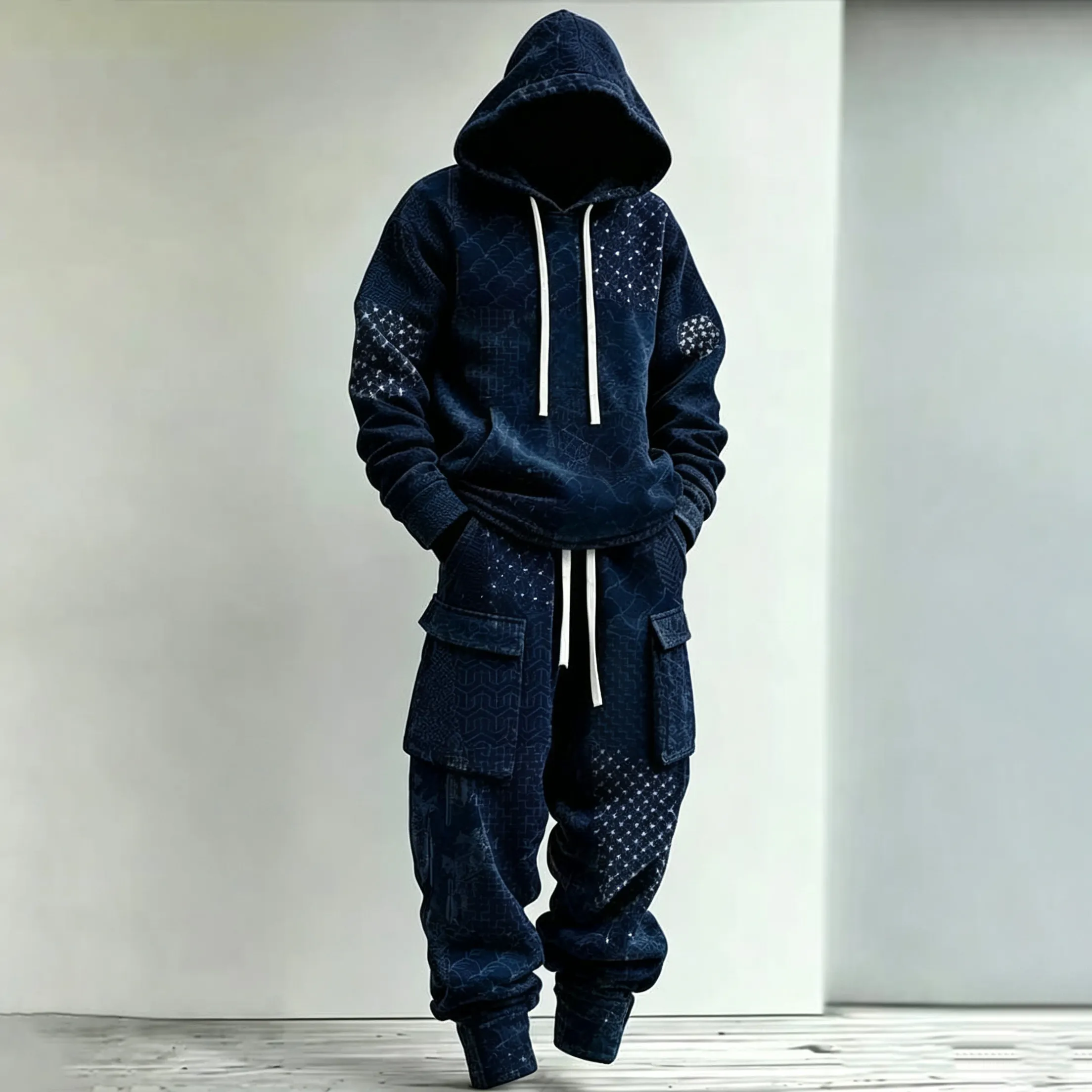 Men's Retro Japanese Art Print Hoodie Cargo Pants Two-piece Set