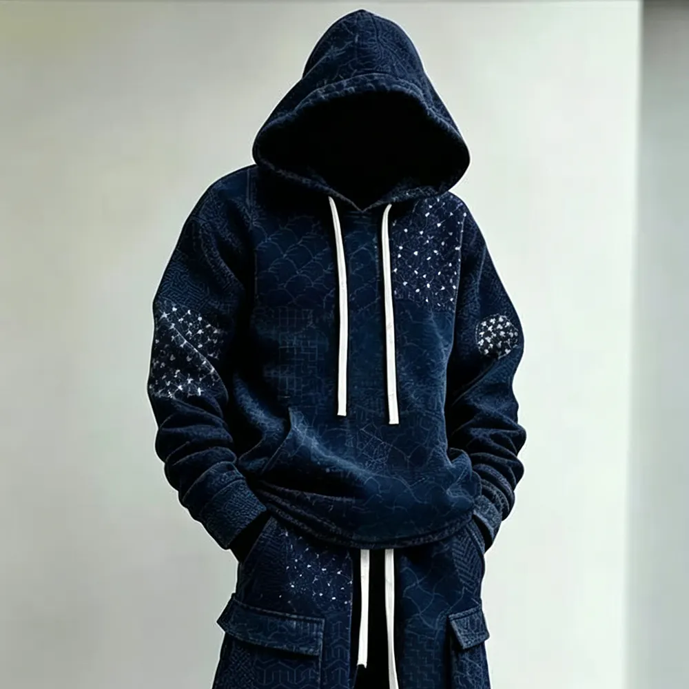 Men's Retro Japanese Art Print Hoodie Cargo Pants Two-piece Set