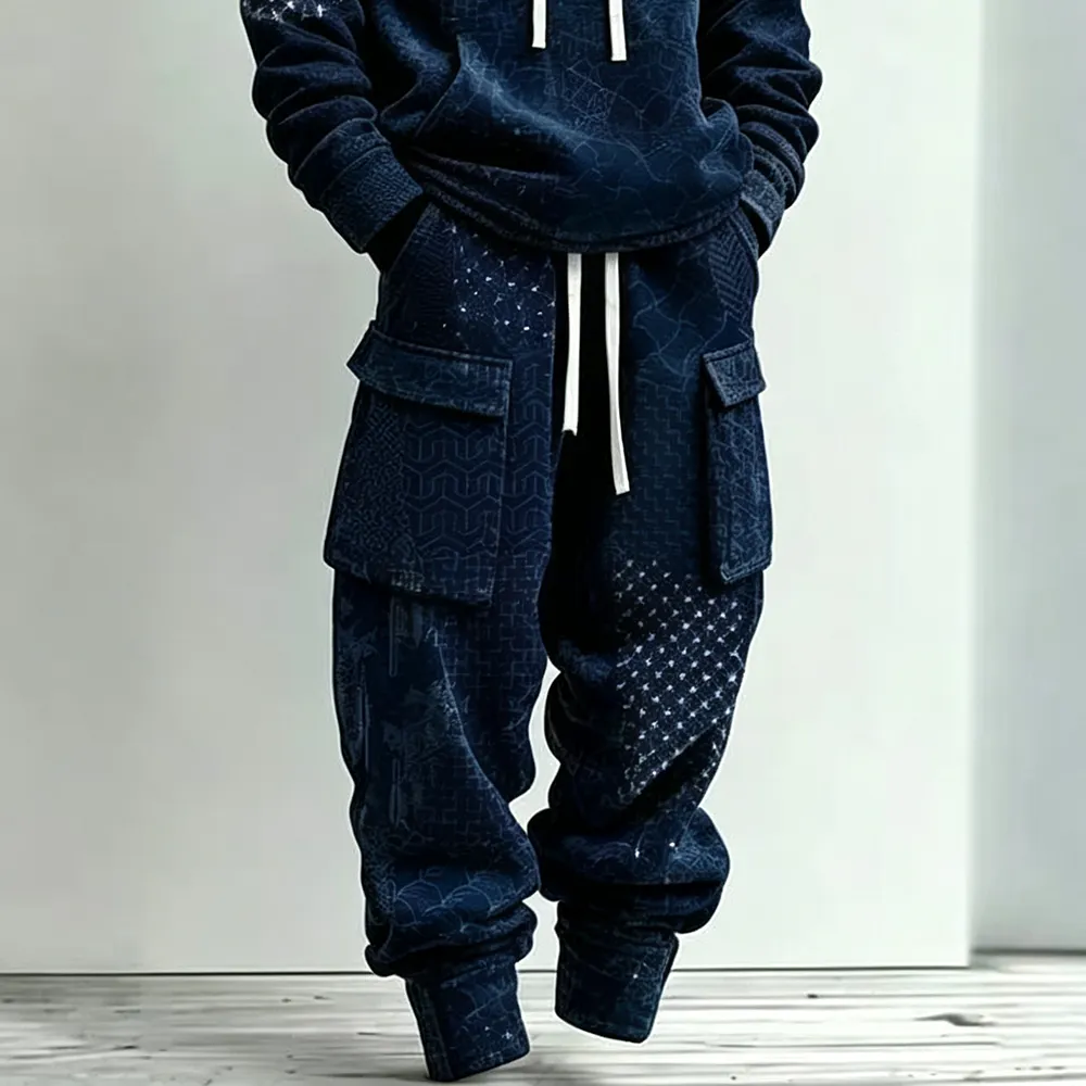 Men's Retro Japanese Art Print Hoodie Cargo Pants Two-piece Set