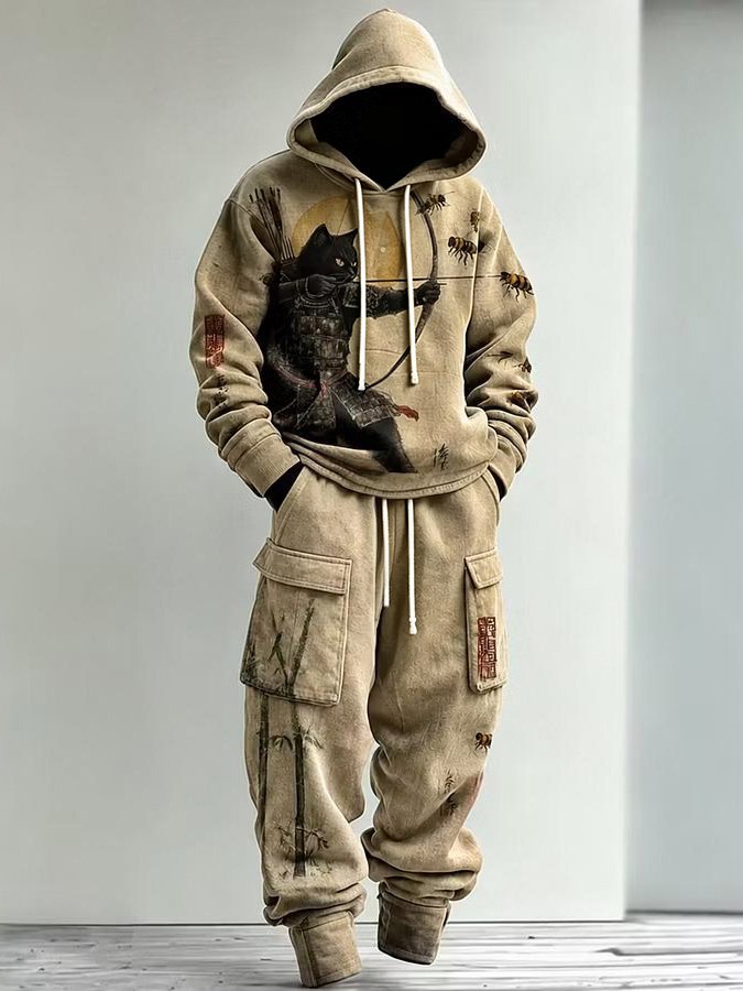 Men's Japanese Samurai Cat Art Print Hoodie Two Piece Set