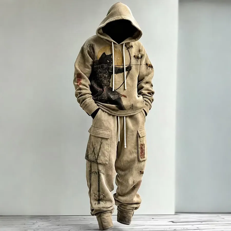 Men's Japanese Samurai Cat Art Print Hoodie Two Piece Set