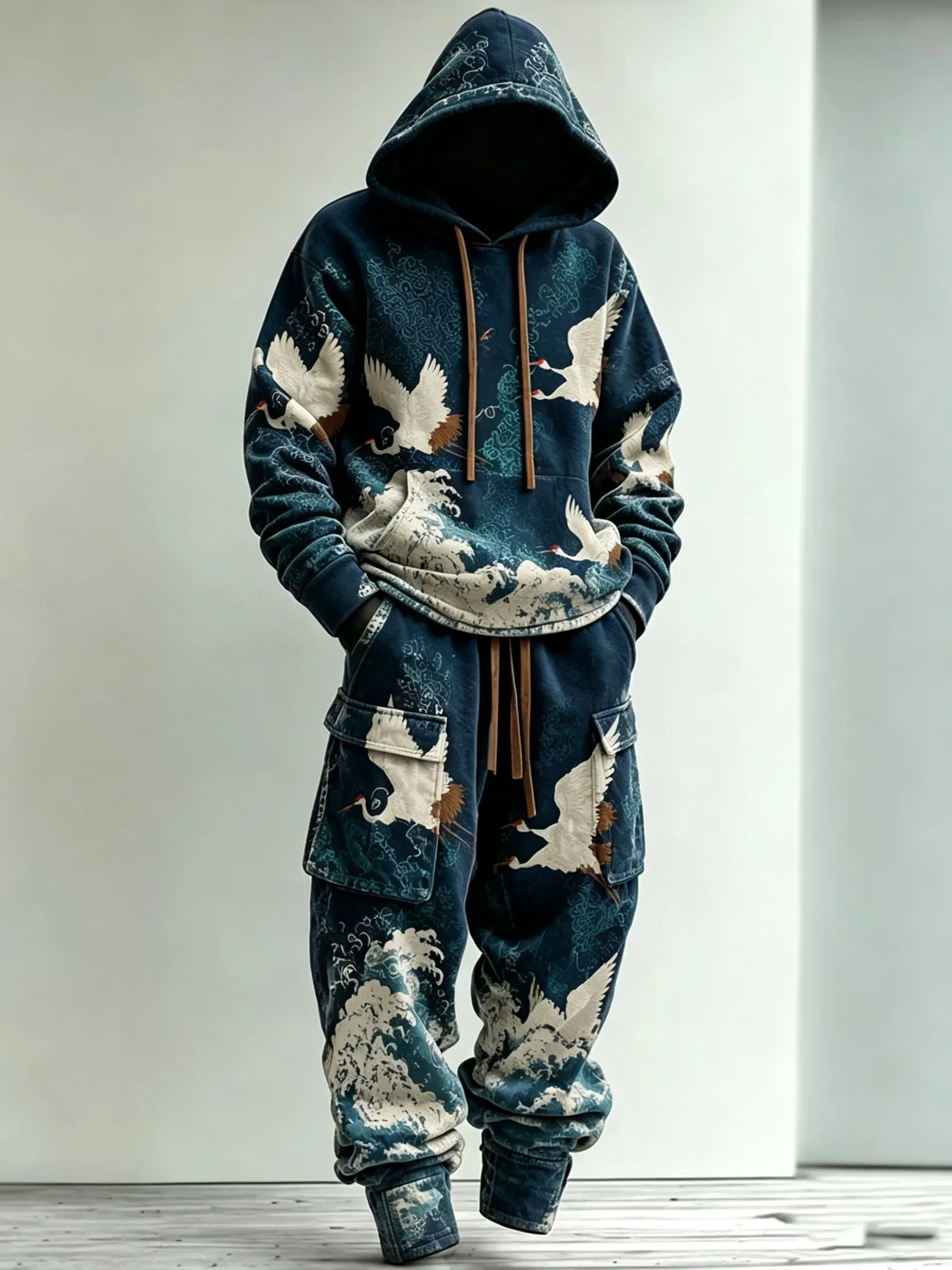 Men's Retro Japanese Art Crane And Wave Print Hoodie Two-piece Set