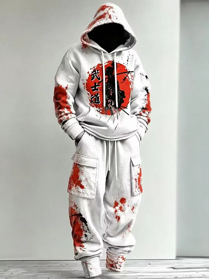 Men's Japanese Samurai Art Print Hoodie Two Piece Set