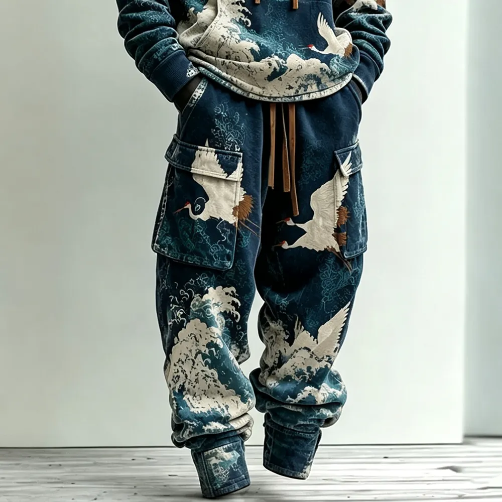 Men's Retro Japanese Art Crane And Wave Print Hoodie Two-piece Set