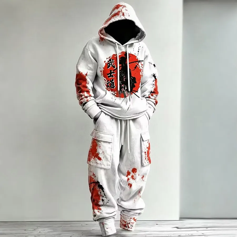 Men's Japanese Samurai Art Print Hoodie Two Piece Set