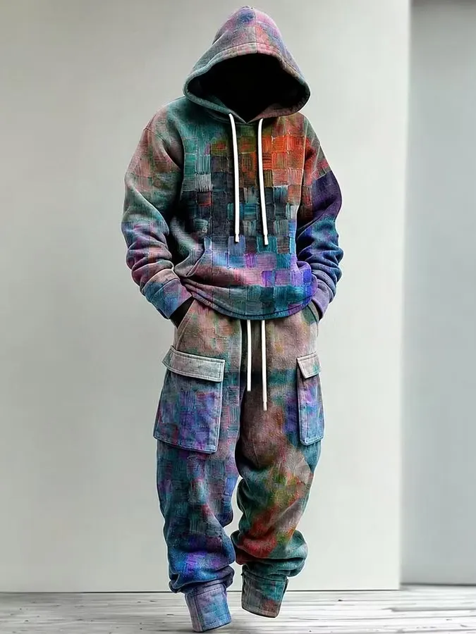 Men's Oil Painting Geometric Art Print Hoodie Two Piece Set