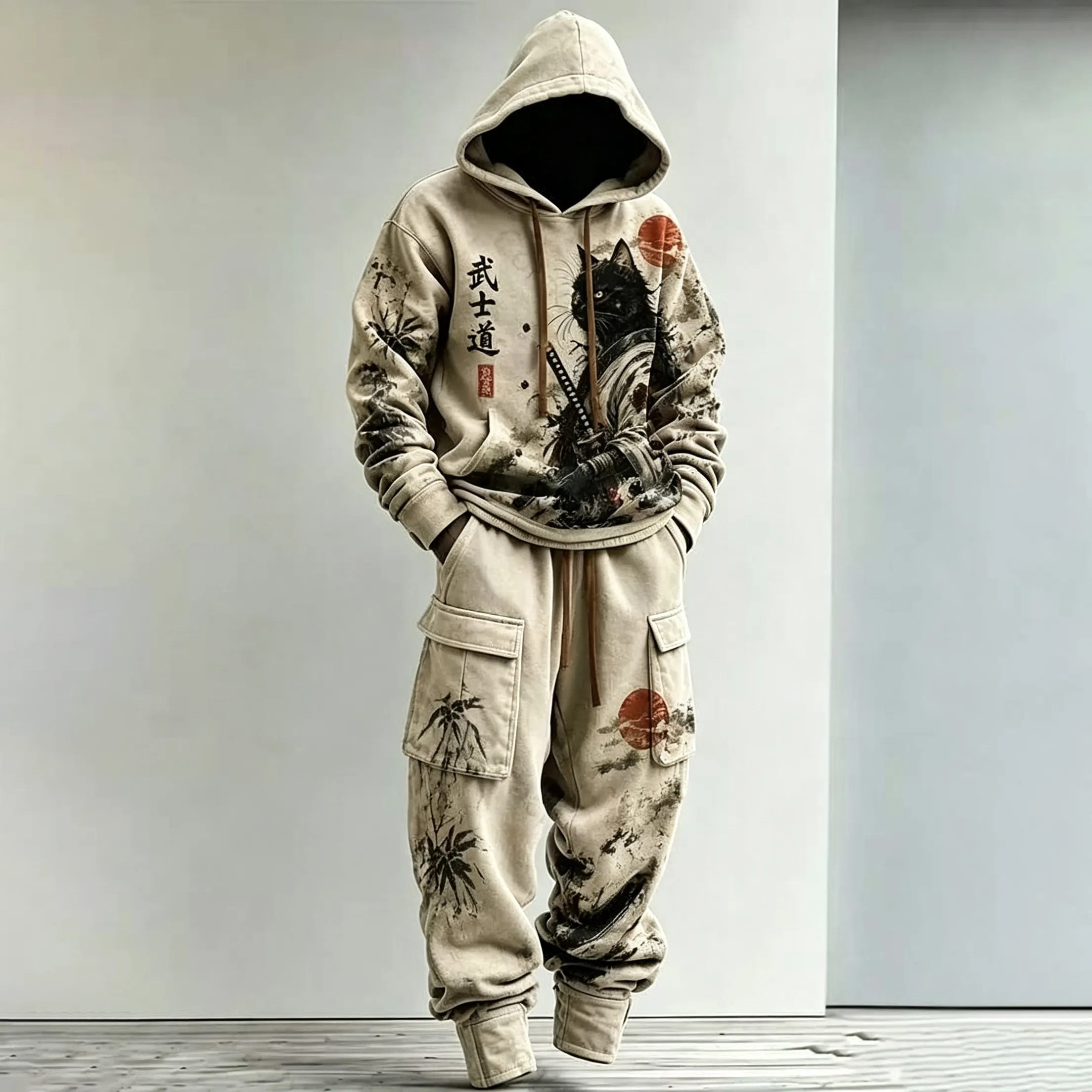 Men's Retro Warrior Bamboo Landscape Print Hoodie Two-piece Set
