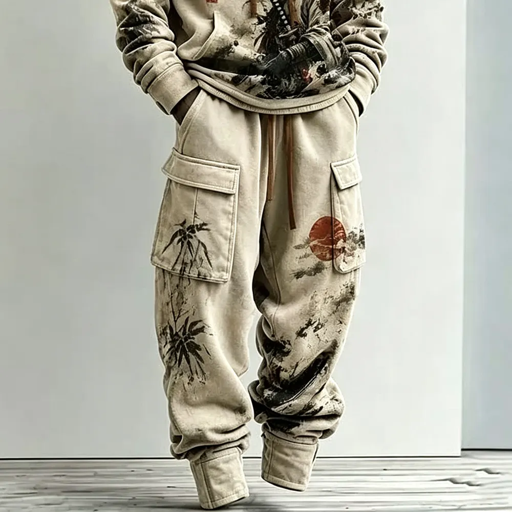 Men's Retro Warrior Bamboo Landscape Print Hoodie Two-piece Set