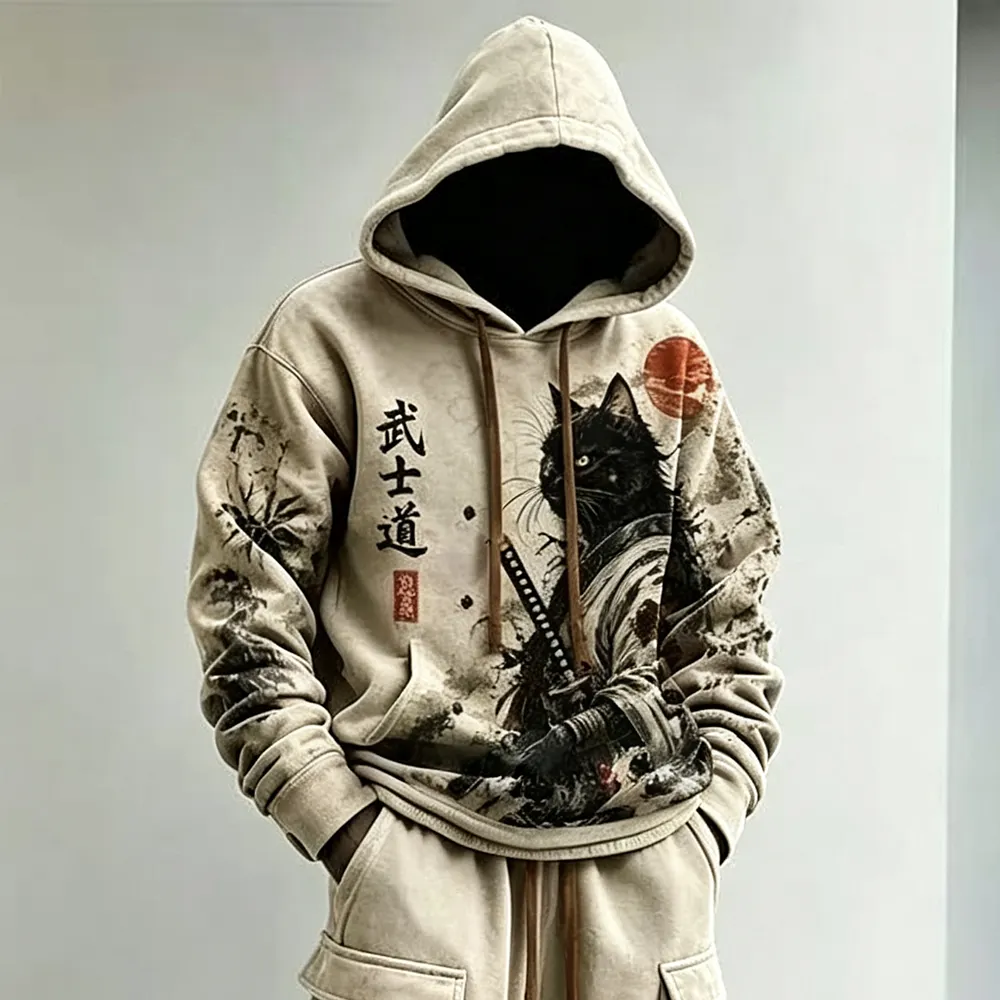 Men's Retro Warrior Bamboo Landscape Print Hoodie Two-piece Set