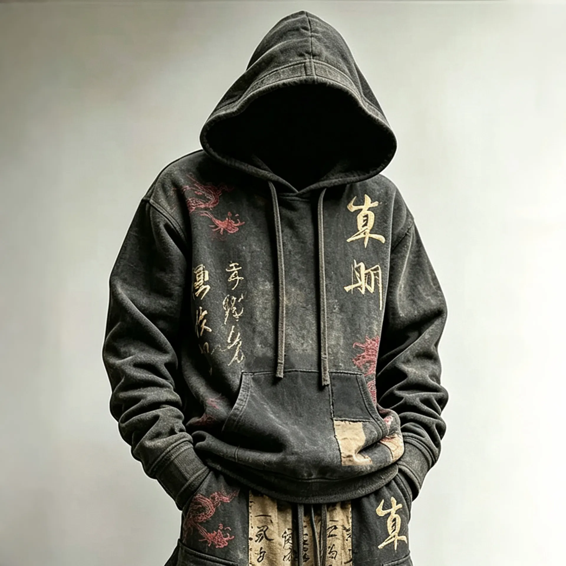 Men's Retro Japanese Calligraphy And Dragon Art Pattern Comfortable Warm Sports Two-piece Set