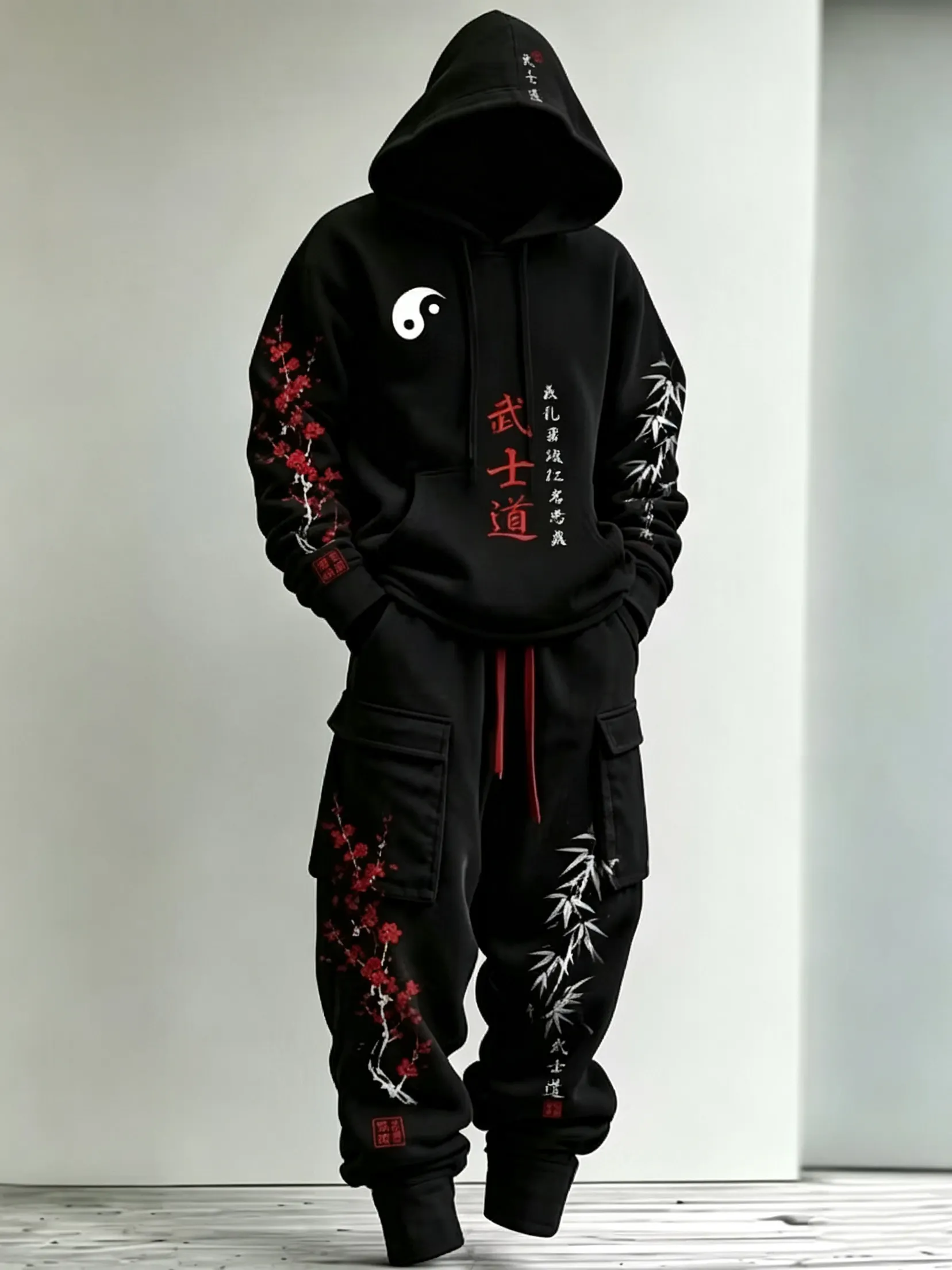 Men's Retro Japanese Art Bamboo And Plum Blossom Print Hoodie Two-piece Set