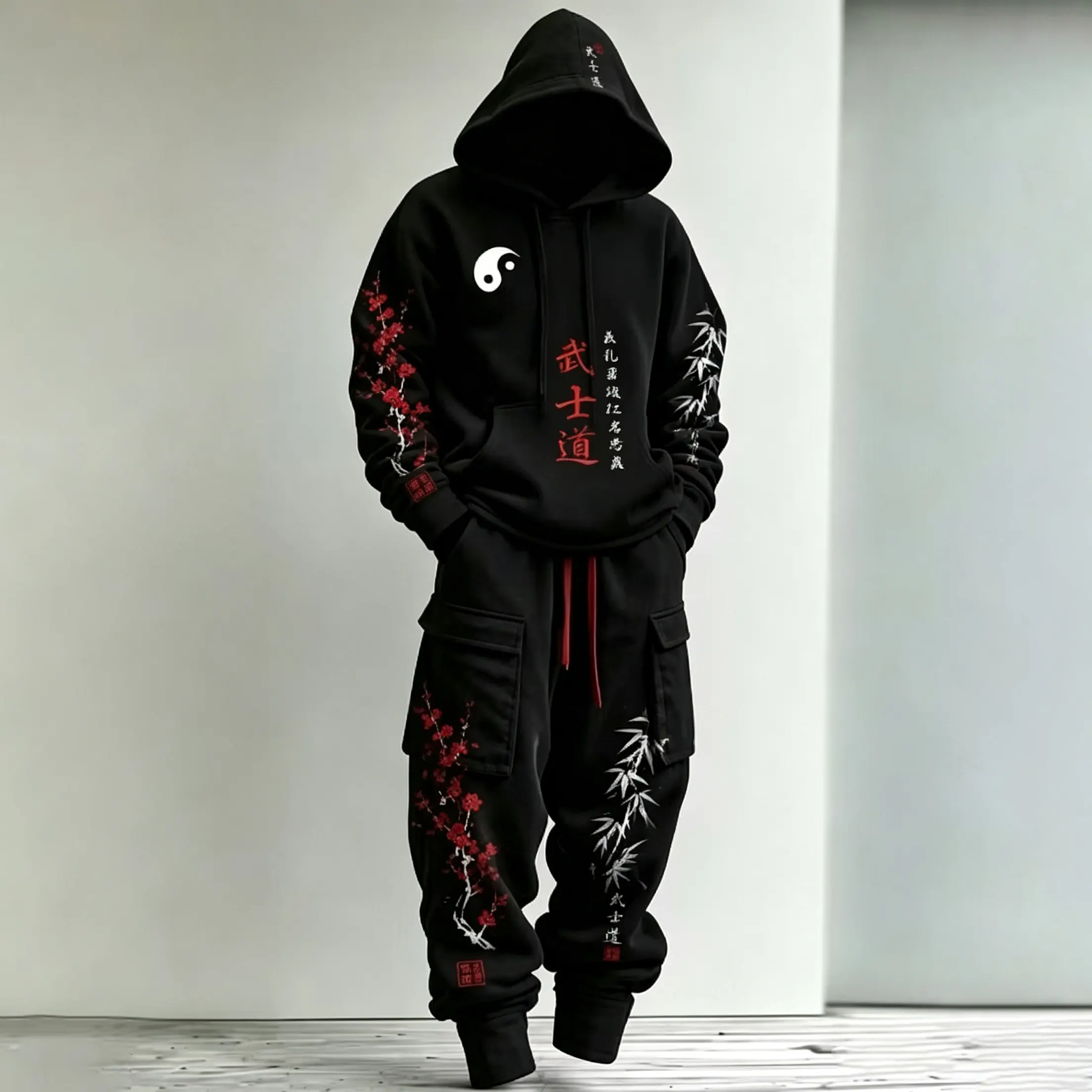 Men's Retro Japanese Art Bamboo And Plum Blossom Print Hoodie Two-piece Set