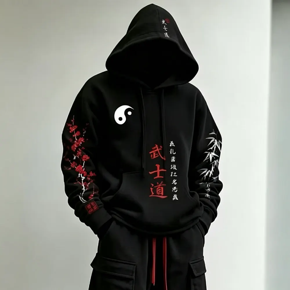 Men's Retro Japanese Art Bamboo And Plum Blossom Print Hoodie Two-piece Set