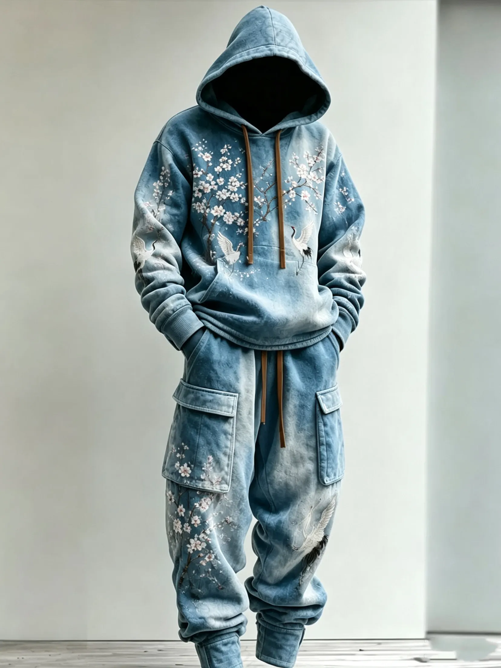 Men's Retro Japanese Art Floral Crane Tie-dye Print Hoodie Two-piece Set