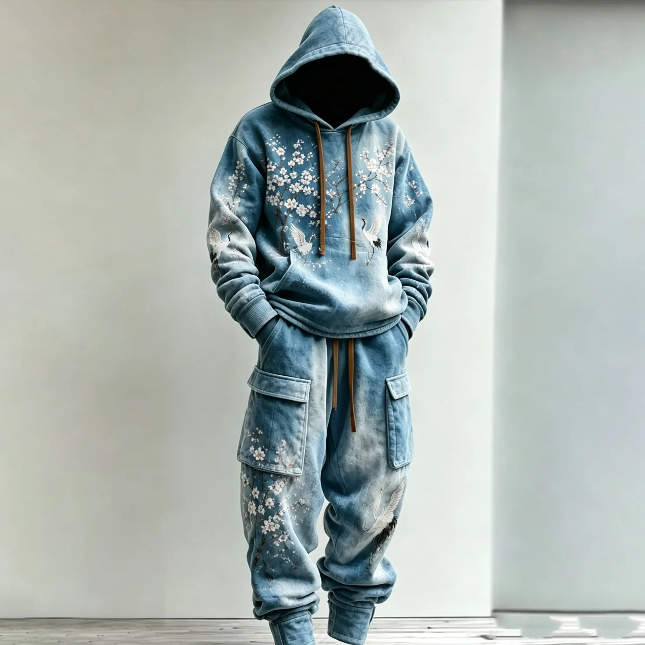 Men's Retro Japanese Art Floral Crane Tie-dye Print Hoodie Two-piece Set