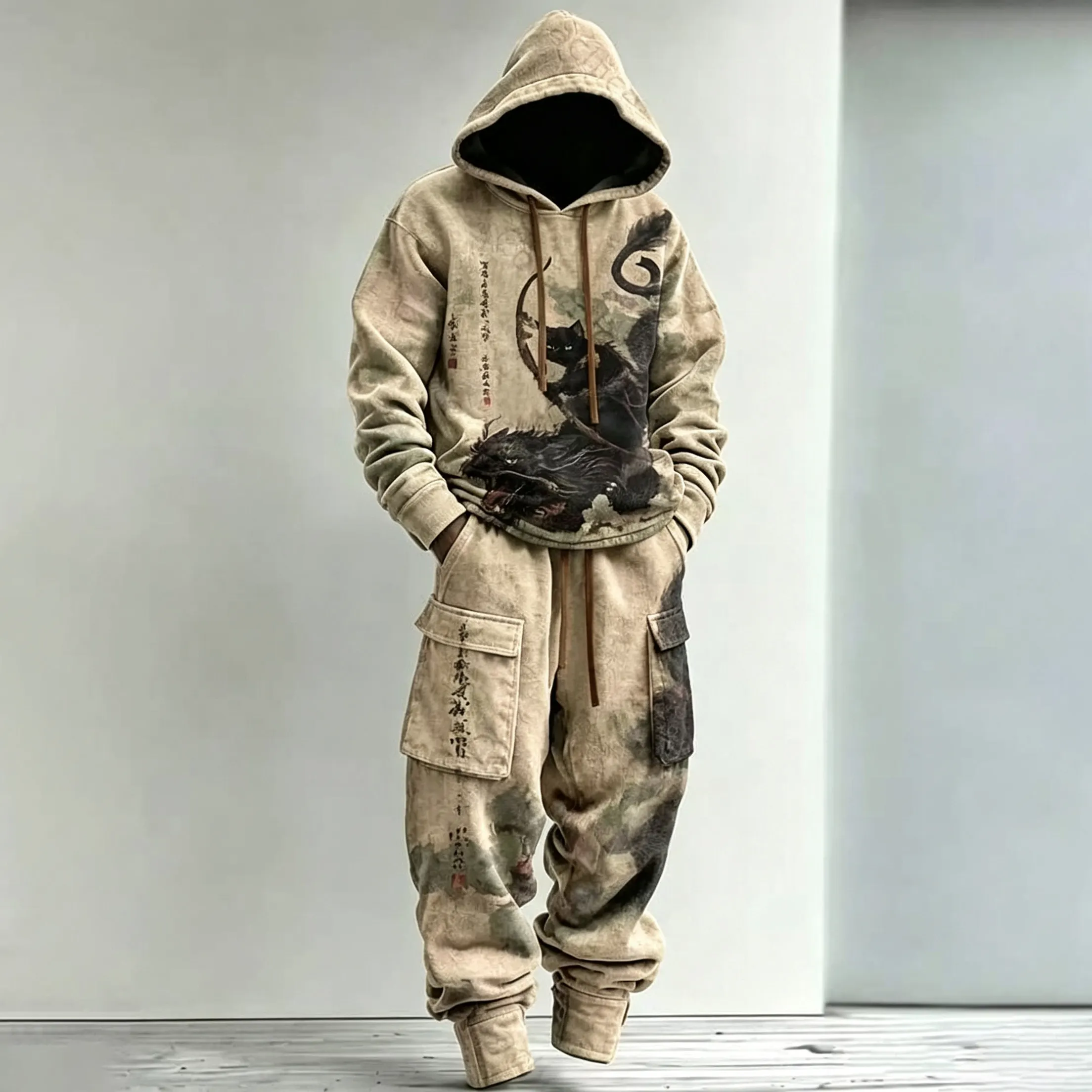 Men's Retro Japanese Art Bow And Arrow Cat Print Hoodie Two-piece Set