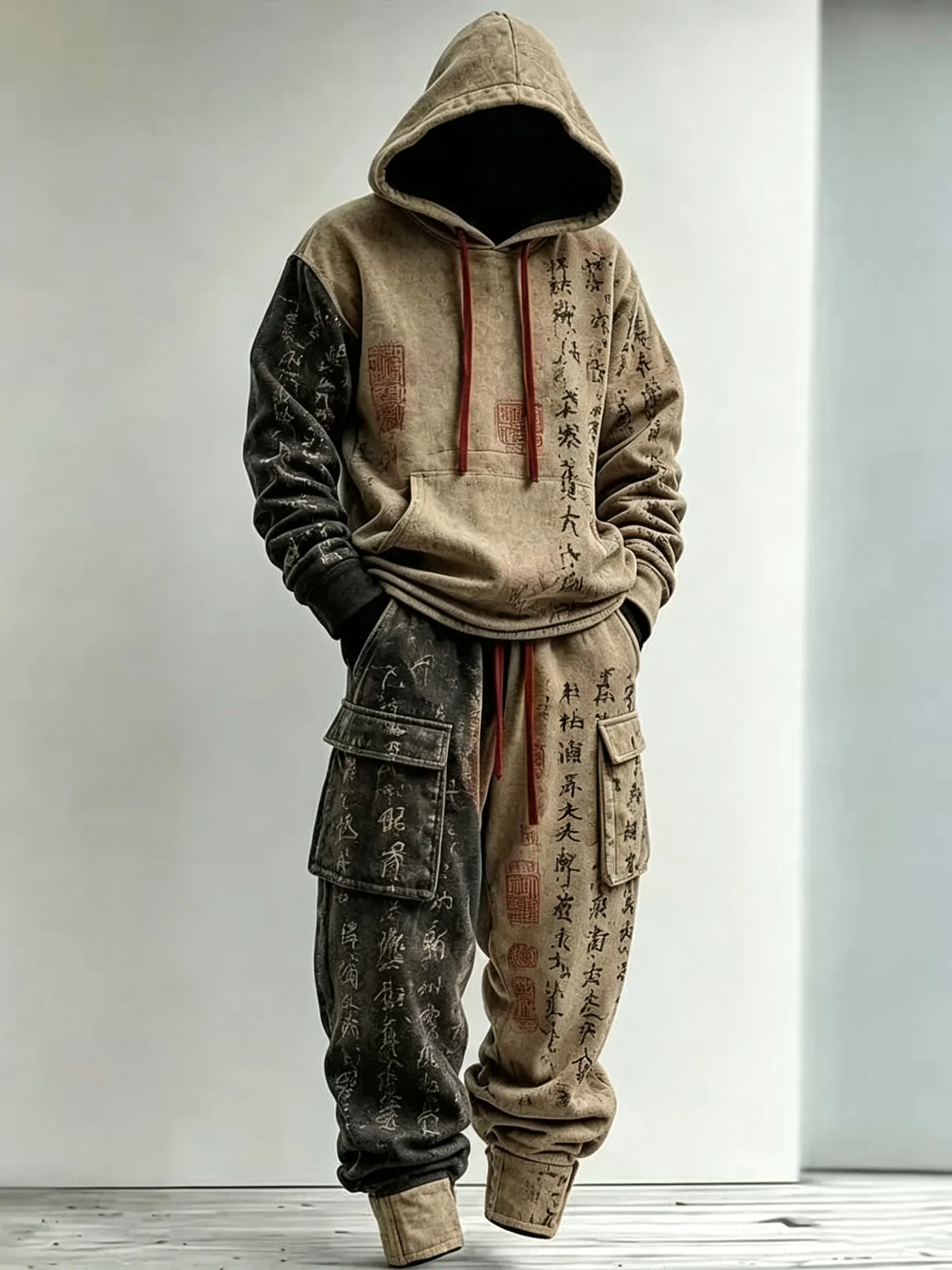 Men's Japanese Art Color Block Print Hoodie And Cargo Pants Two-piece Set