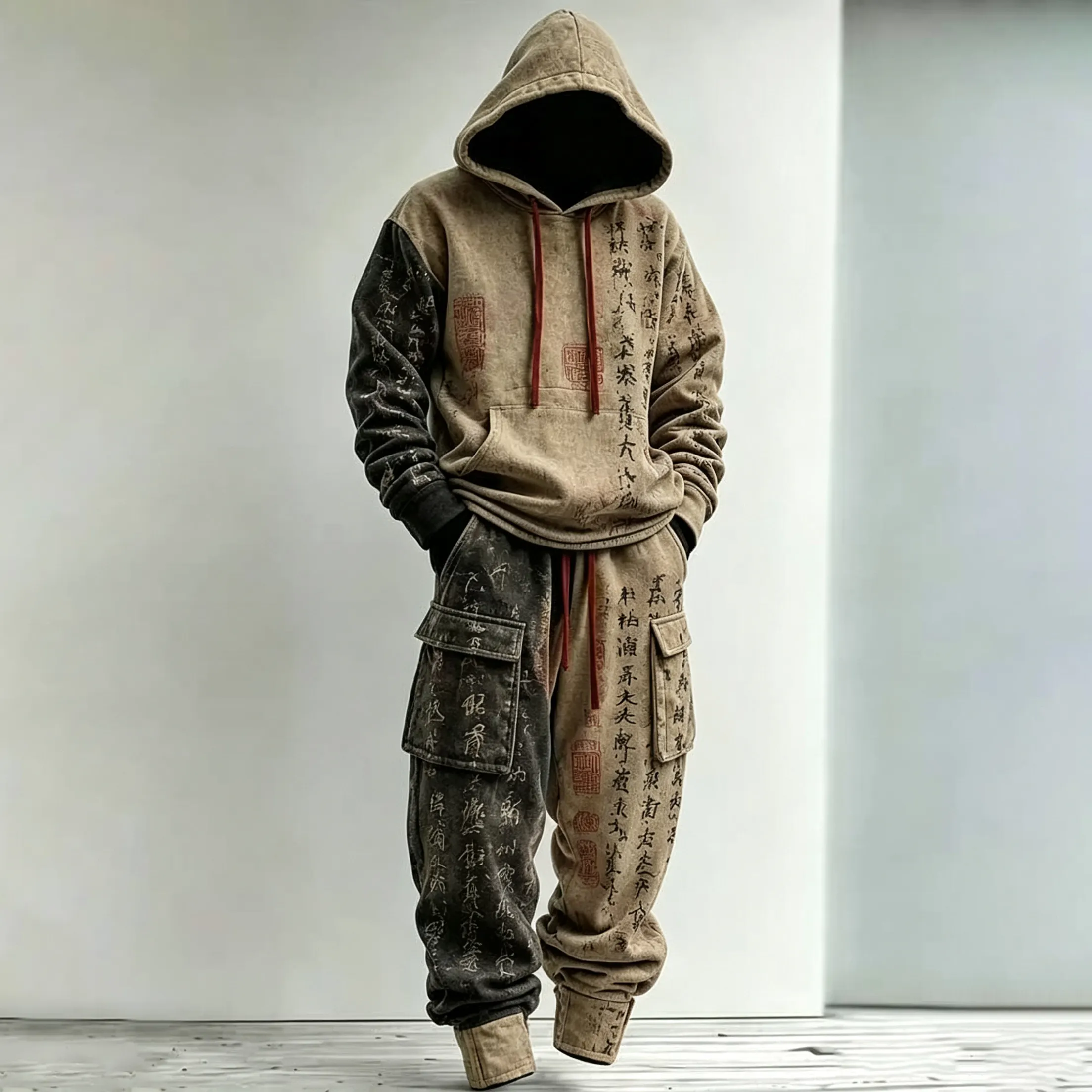 Men's Japanese Art Color Block Print Hoodie And Cargo Pants Two-piece Set