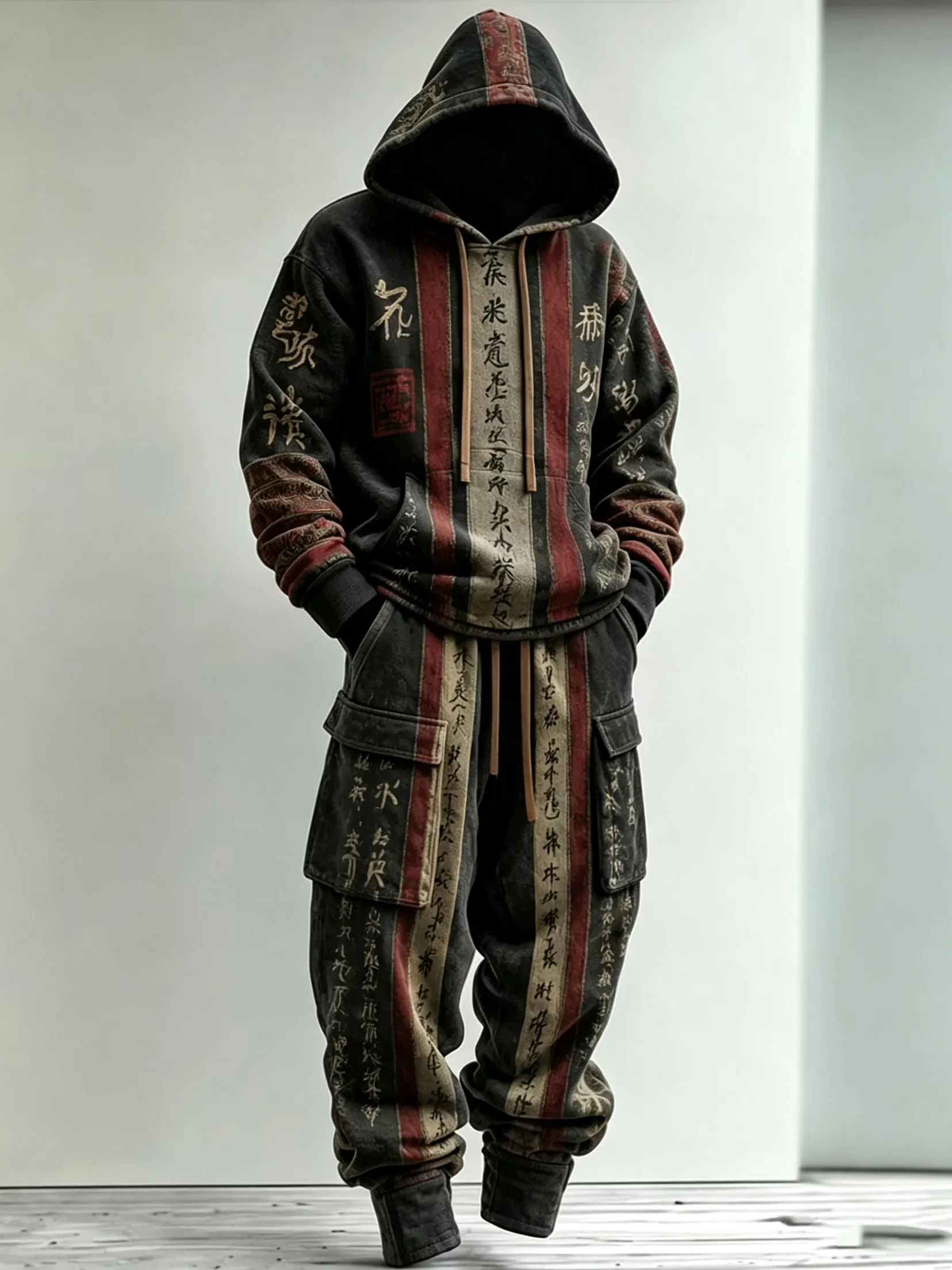 Men's Retro Striped Color Block Letter Print Hoodie Two-piece Set