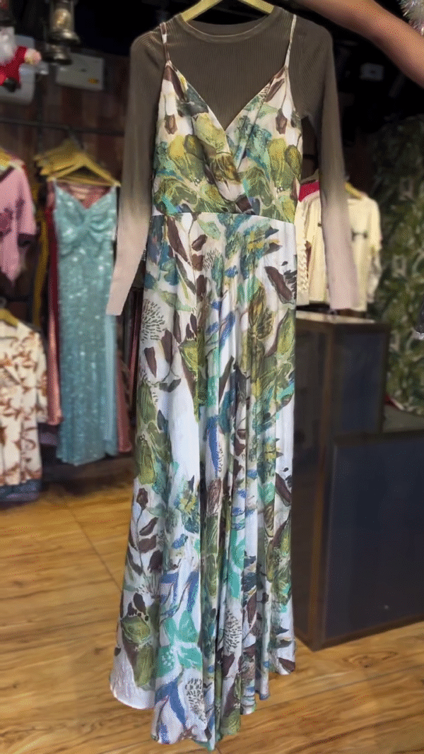 Green Georgette Printed Lime V-Neck Asymmetric Gown – Flow with Every Step